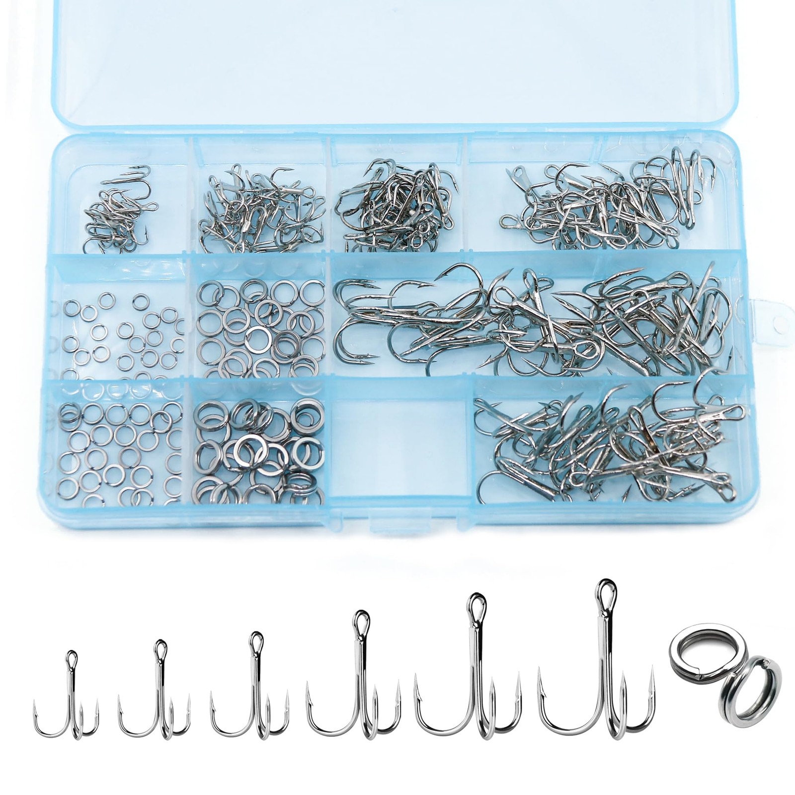 Fishing Treble Hooks & Split Rings Kit 210pcs Mixed Treble Hooks Size 2/4/6/8...