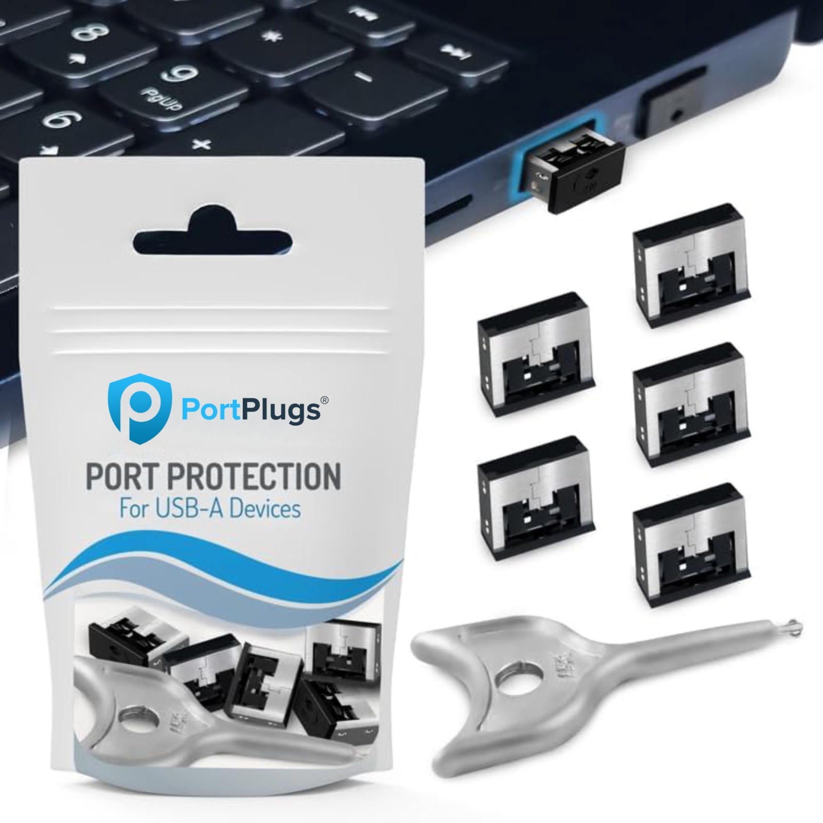 PortPlugs USB-A Port Locks with Key - Security & Malware Protection | 5-Pack