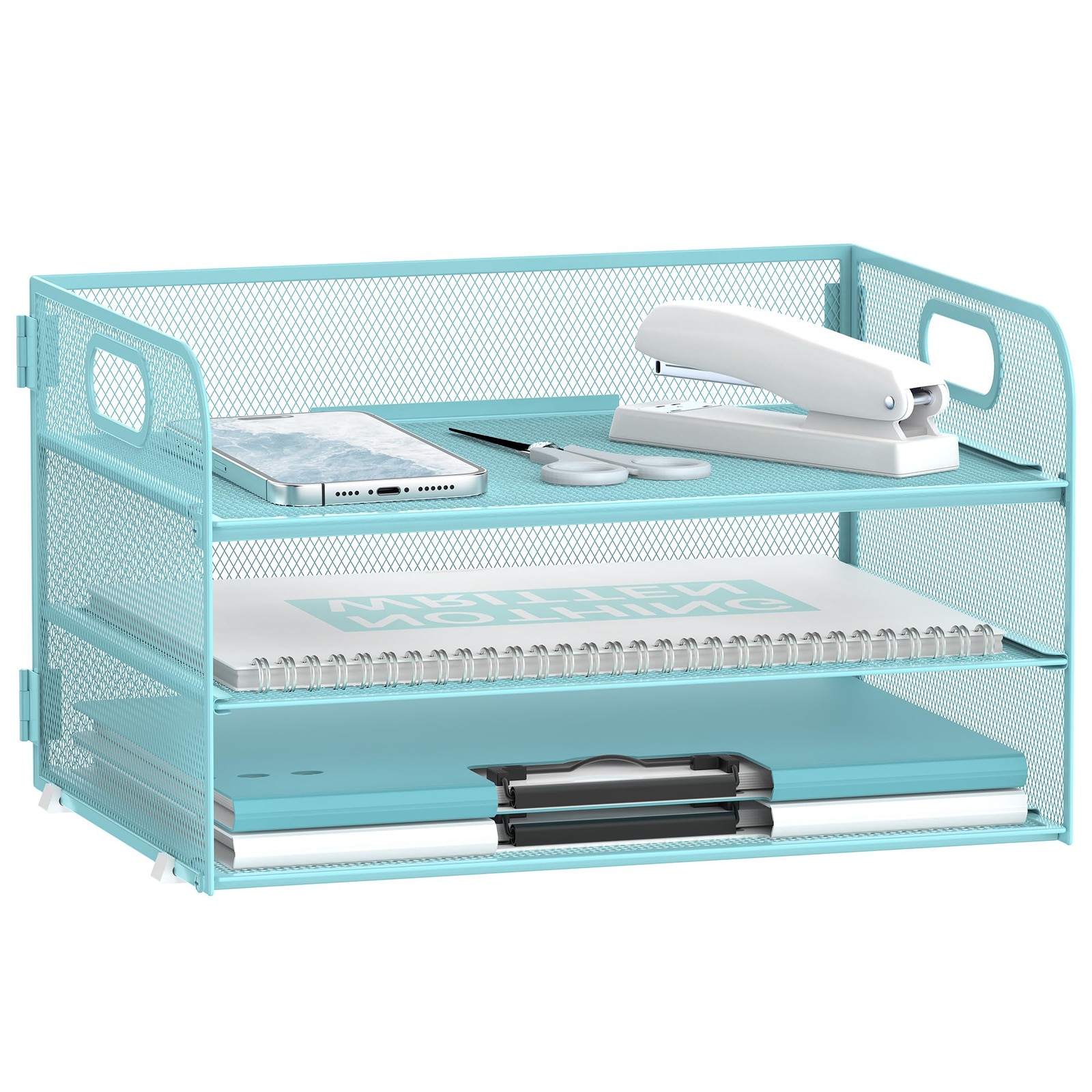 3 Tier Paper Organizer with Handle, Mesh Metal Desk Organizer with Sliding Pa...