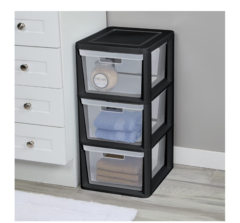 2 Pack 3 Drawer Storage Tower Plastic Organizer with Clear Bins Black