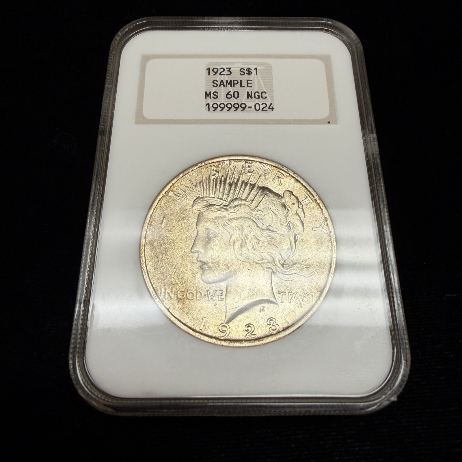 NGC MS 60 1923 Peace Dollar Sample Slab Old Holder Nice Hologram! Rare! Toned