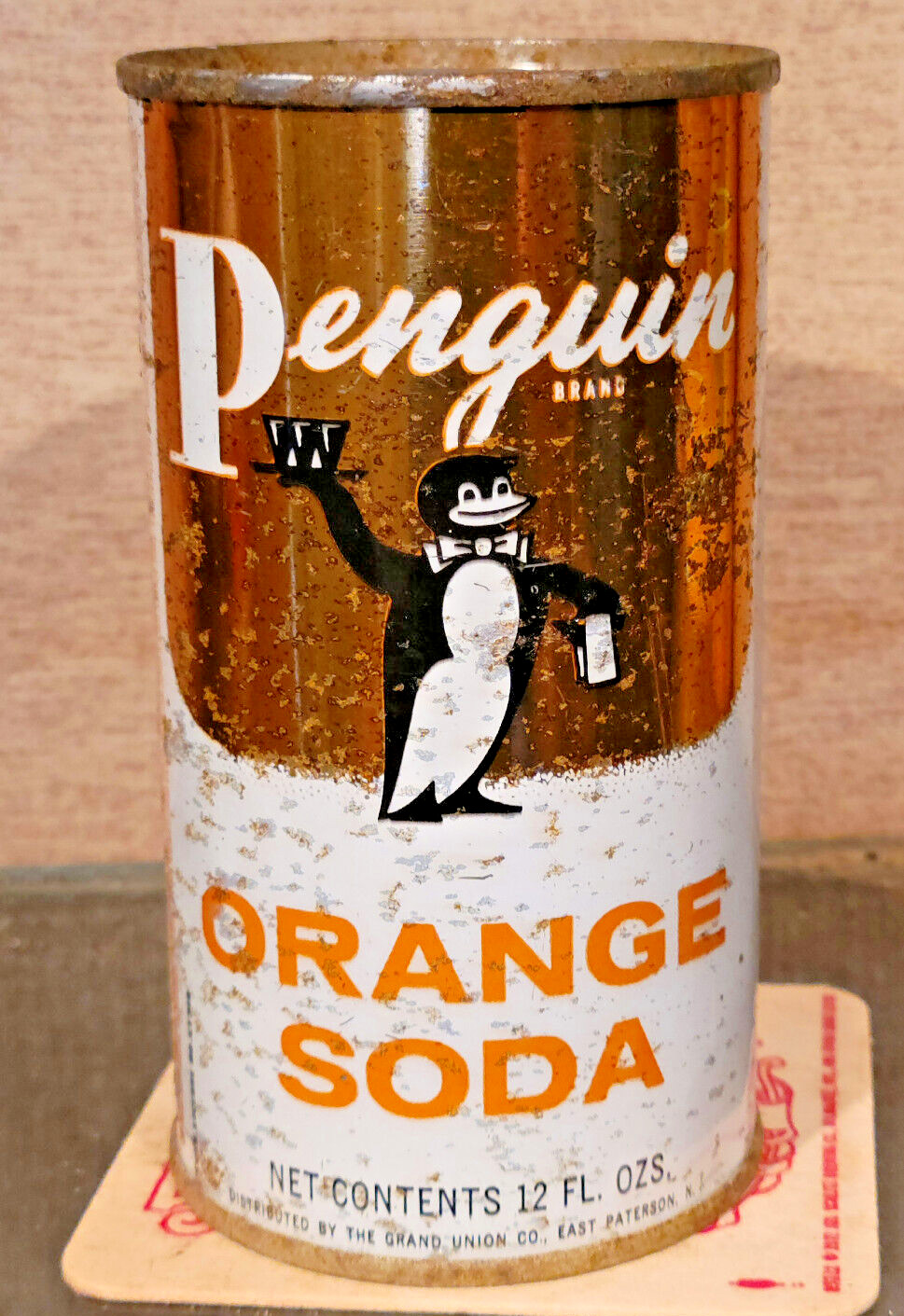 1960S GRAND UNION PENGUIN ORANGE SODA FLAT TOP CAN  EAST PATERSON NEW JERSEY