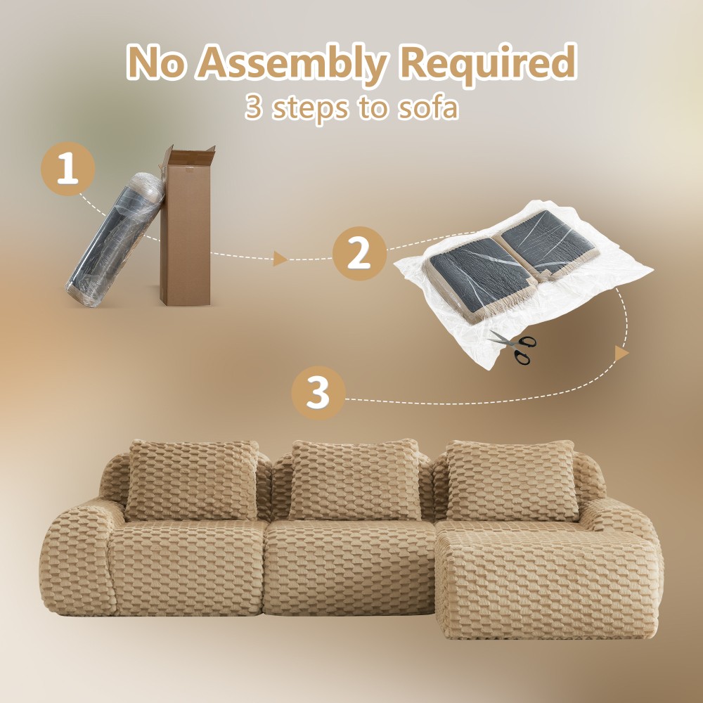 114" L-Shaped Modular Sectional Sofa w/ Ottoman, Flannelette, Light Camel