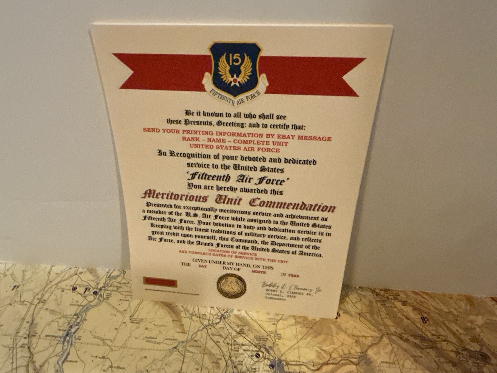 U.S. AIR FORCE / 15TH AIR FORCE - MERITORIOUS UNIT COMMENDATION CERTIFICATE