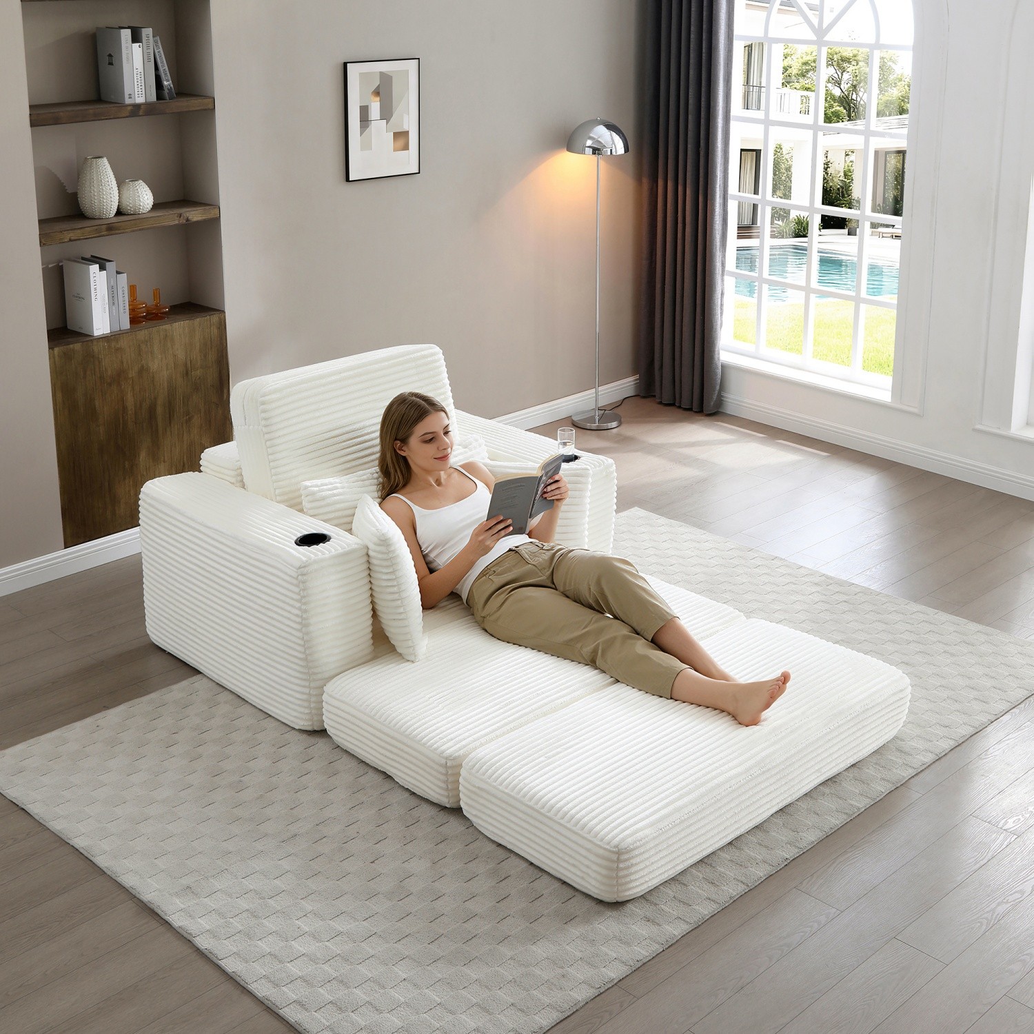 Modern Foldable Chaise Lounge 3-in-1 Convertible Sleeper Chair w/ Floor Cushion