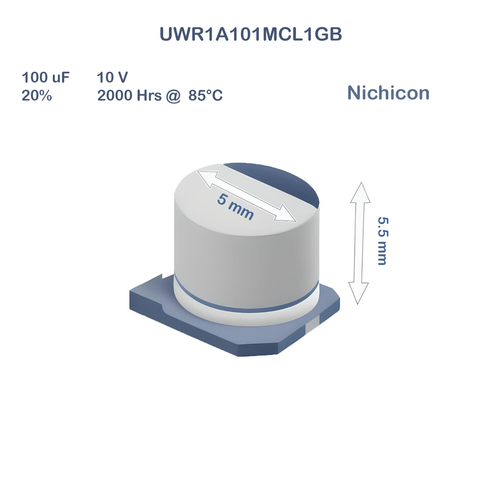 50X UWR1A101MCL1GB Nichicon 100uF 10V 5x5.5 Aluminum Electrolytic Capacitor SMD