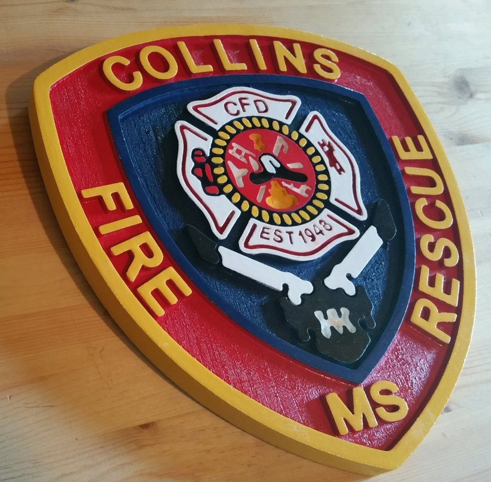 Fire Department Collins 3D routed carved plaque wood patch sign Custom