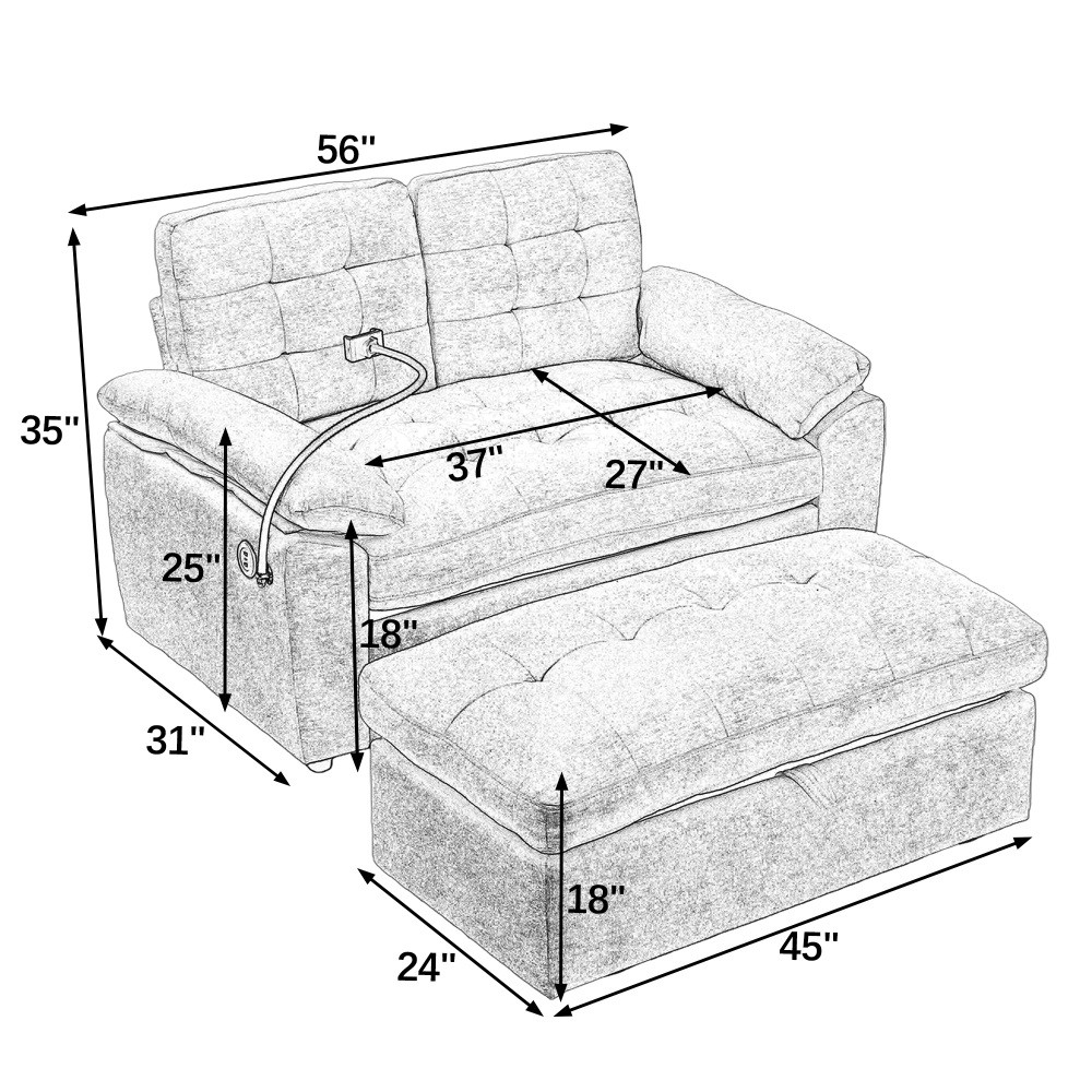 Double Sofa Recliner w/ Adjustable Backrest, USB Port, Ottoman - Brown