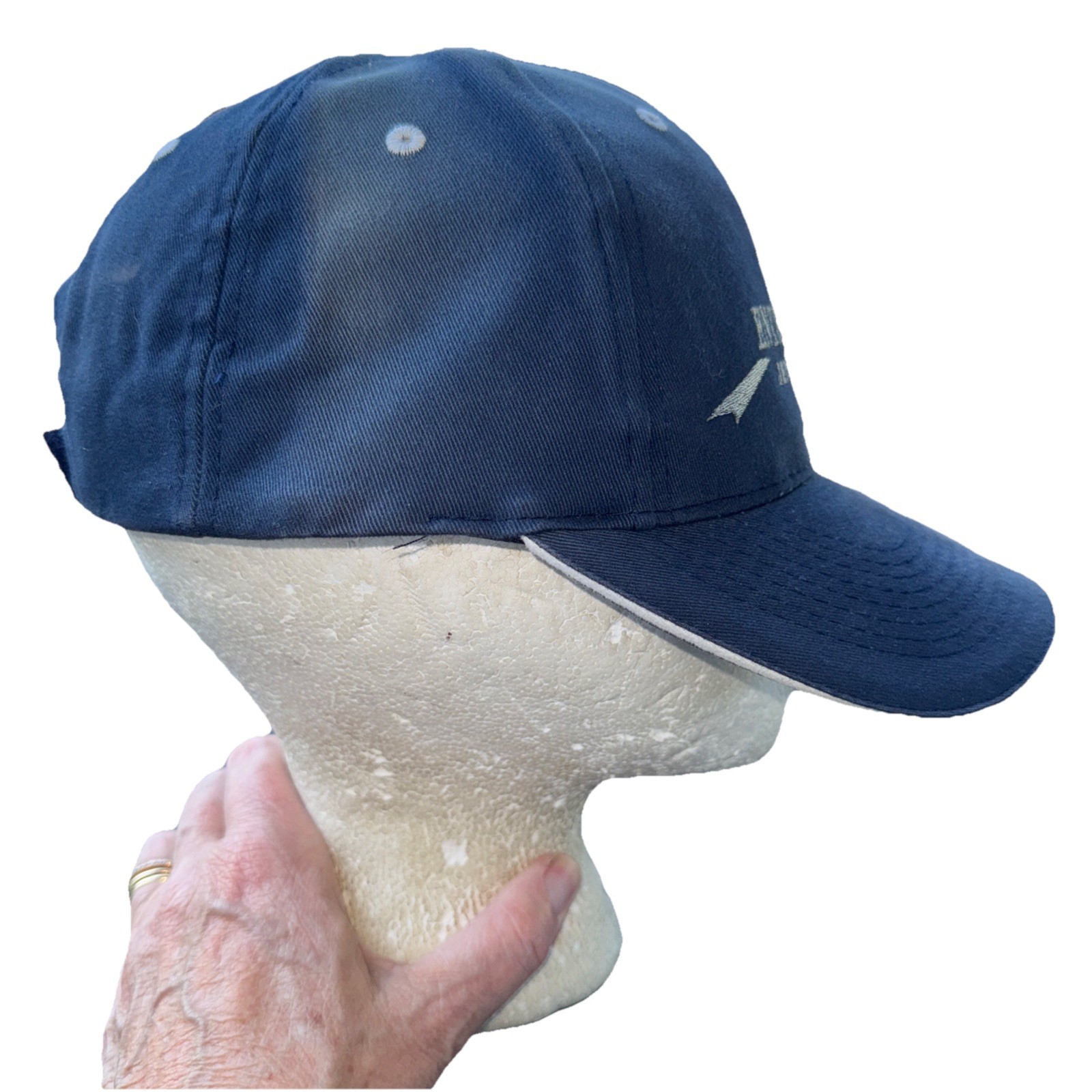 Enterprise Jet Center w Jet in Silver on Blue Hat Cap KHOU on Back Hook Loop
