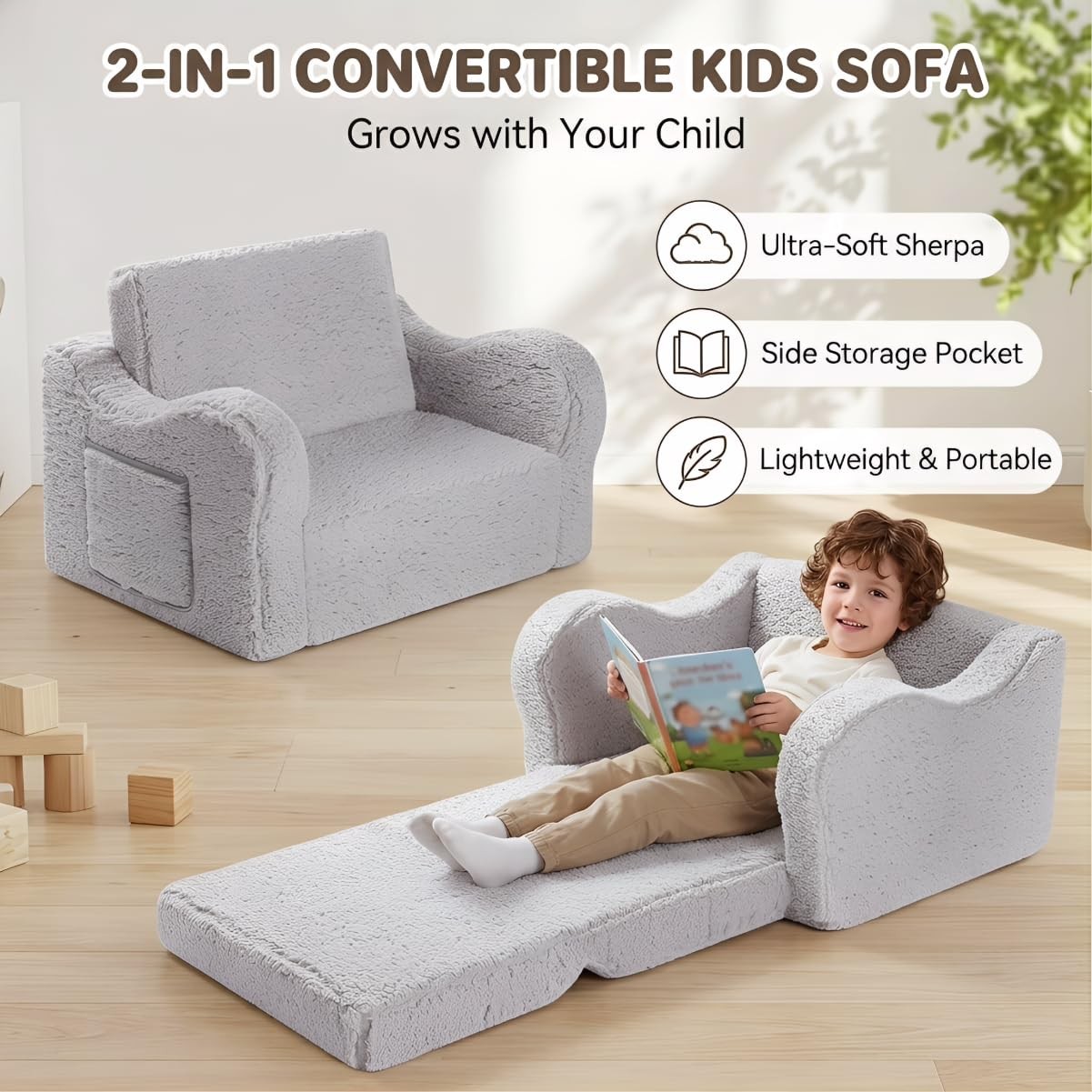 Kids Sofa, 2-in-1 Flip-Out Foam Couch with Soft Sherpa Cover, Cozy Play Loung...