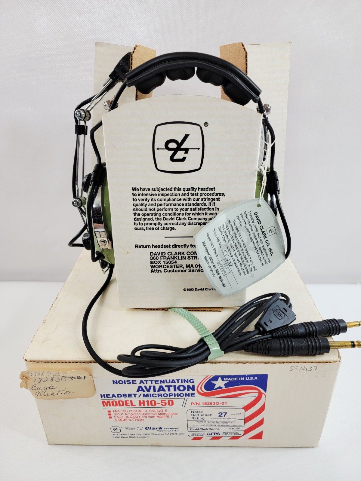 David Clark H10-50 Noise Attenuating Aviation Headset w/ Mic 1993 & Box Green