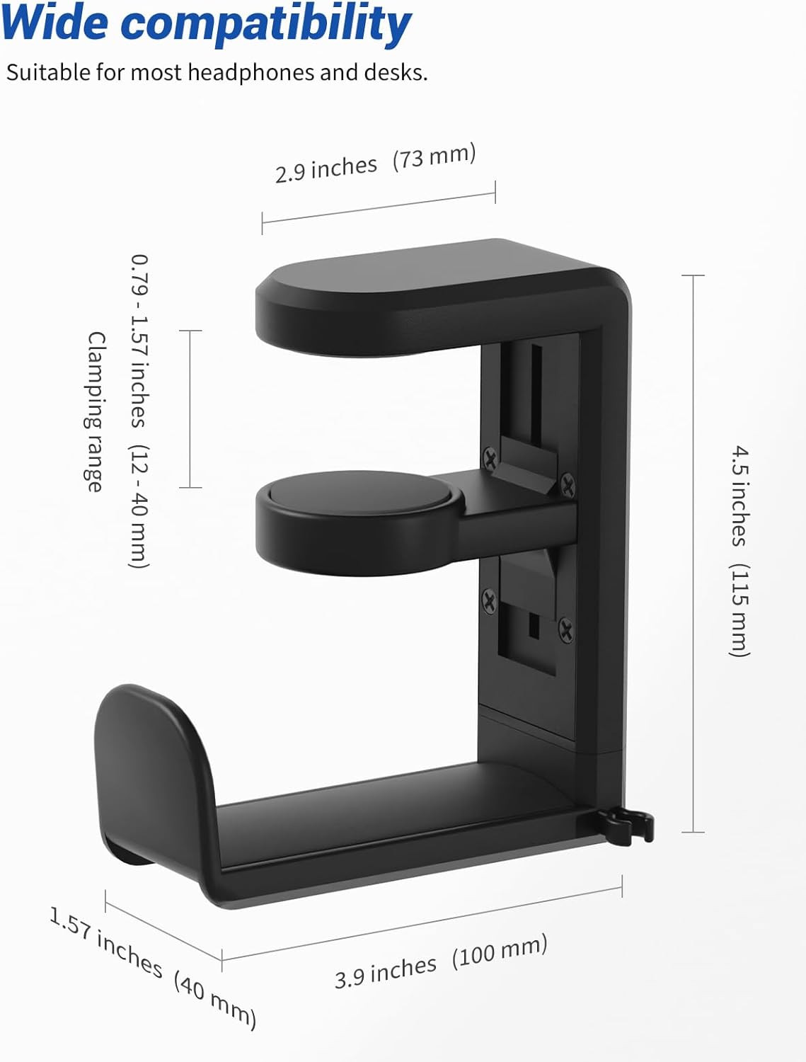Under Desk Headphone Holder with 360-Degree Rotation, Black