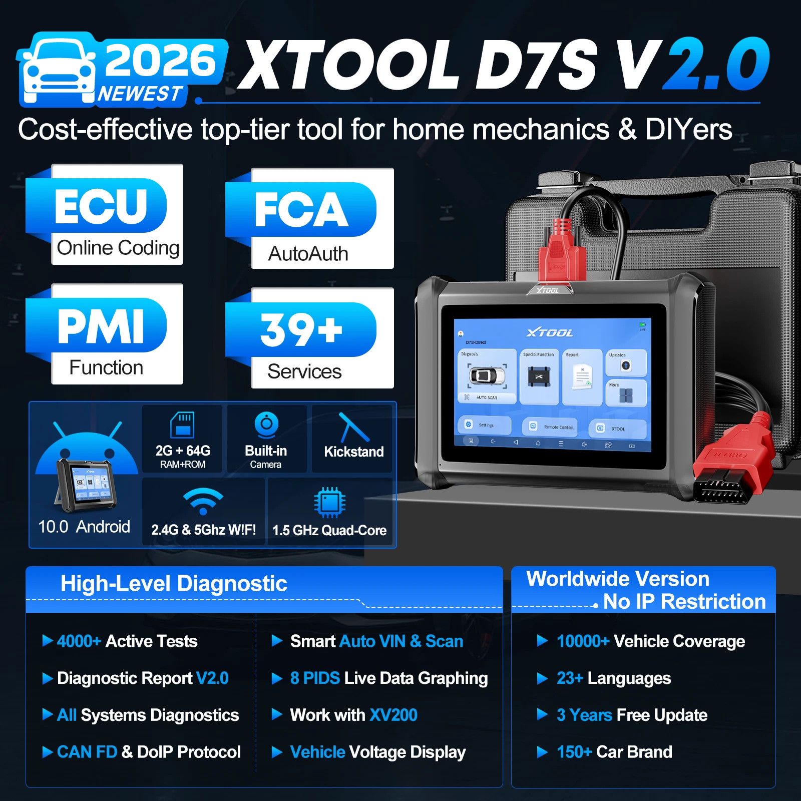 2026 XTOOL D7S V2.0 Auto Diagnostic Tool OBD2 Scanner Bidirectional Full System