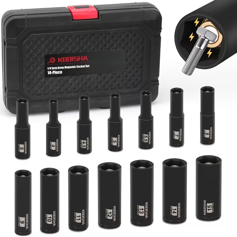 14 pc 1/4 Inch Drive Deep Magnetic Socket Set (Metric 4mm - 15mm) with Case
