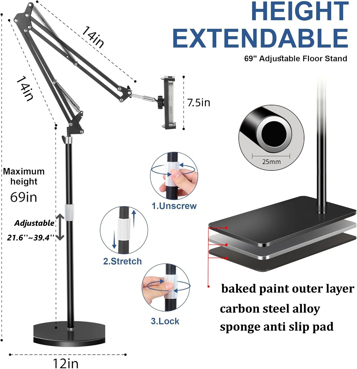 69'' Tablet Floor Stand Overhead Bed Phone Stand Angle Height Adjustable Holder