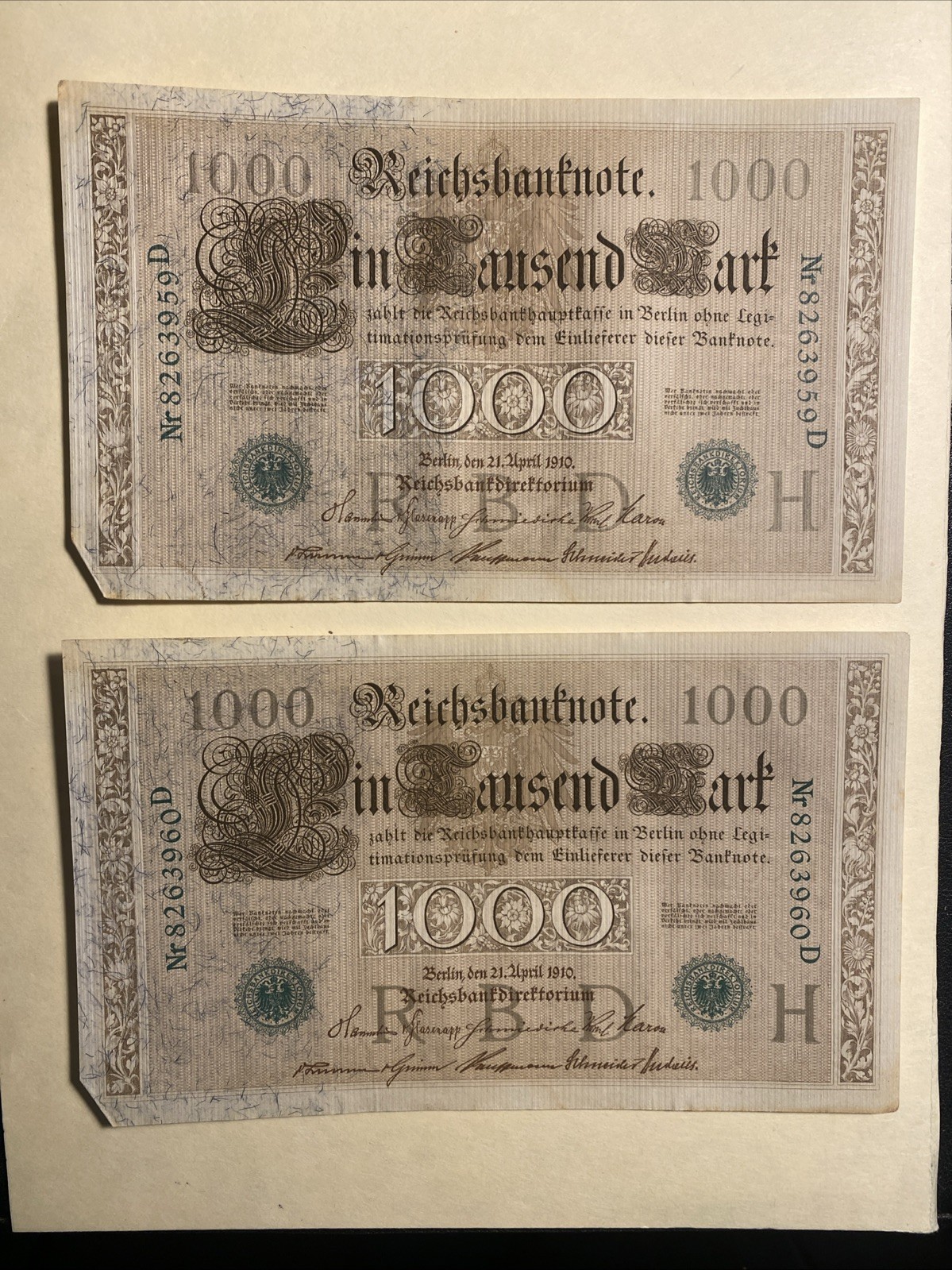 Germany 1910 1000 Marks 6pcs Consecutive Serial Numbers