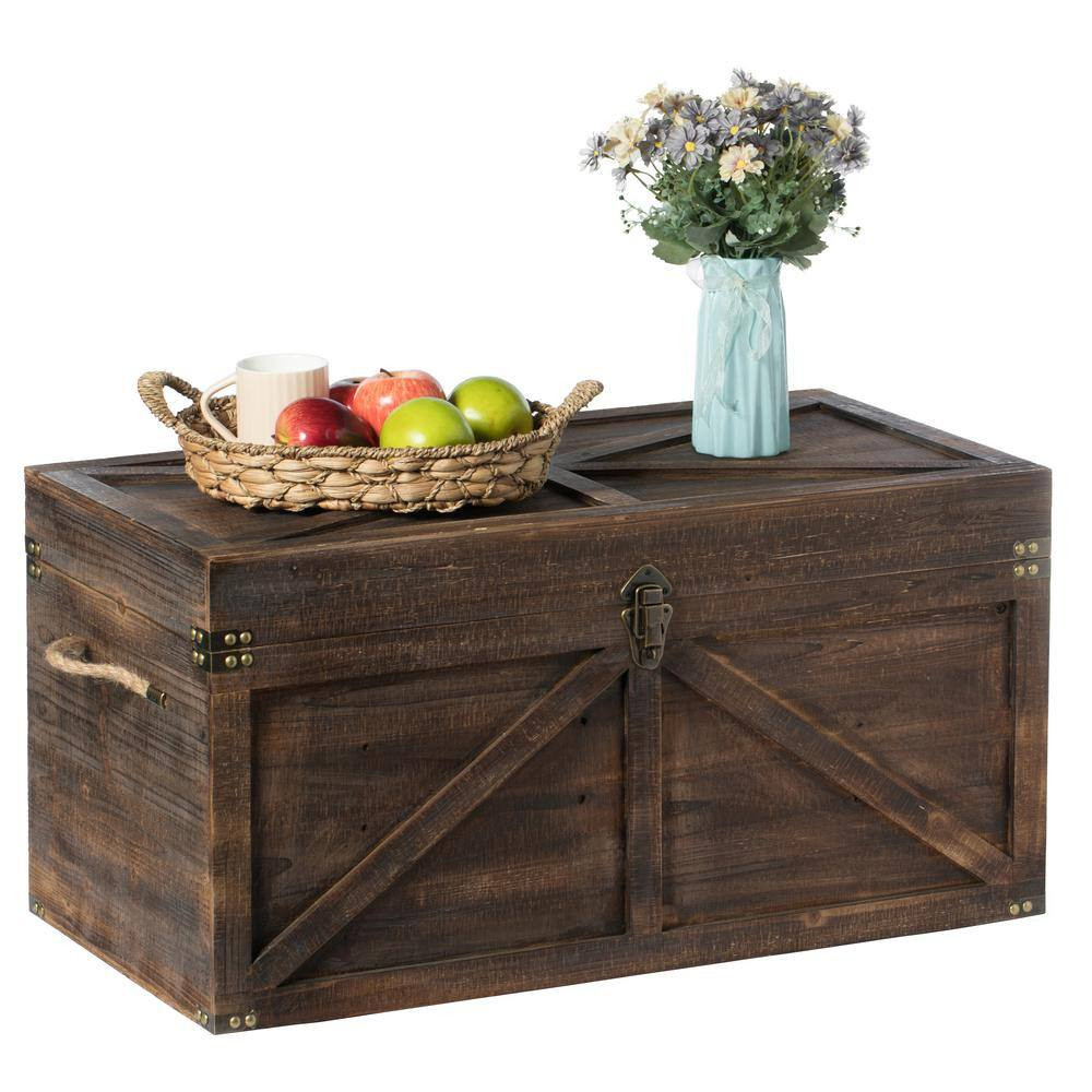 Brown Large Wooden Lockable Trunk Farmhouse Style Rustic Design Lined Storage Ch