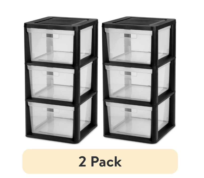 2 Pack 3 Drawer Storage Tower Plastic Organizer with Clear Bins Black
