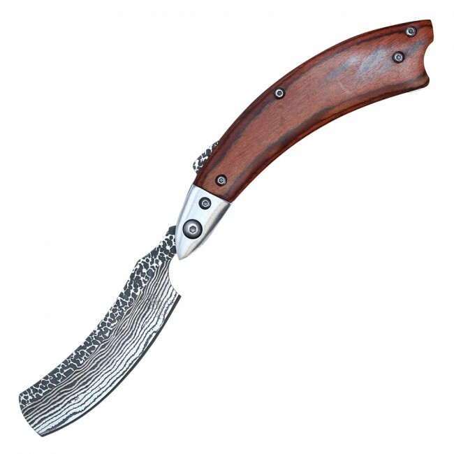 Straight Razor Folding Knife | 3" Blade Brown Wood Stainless Damascus Etch Blade