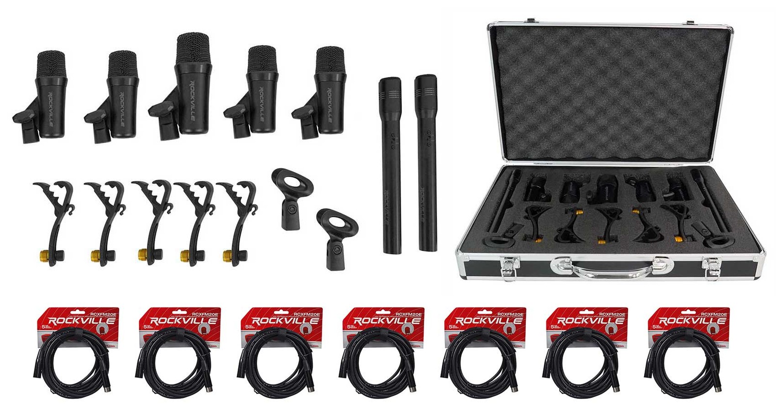 Rockville PRO-D7 KIT 7 Drum Mics w/Kick+Snare+Pencil Microphones+XLR Cables