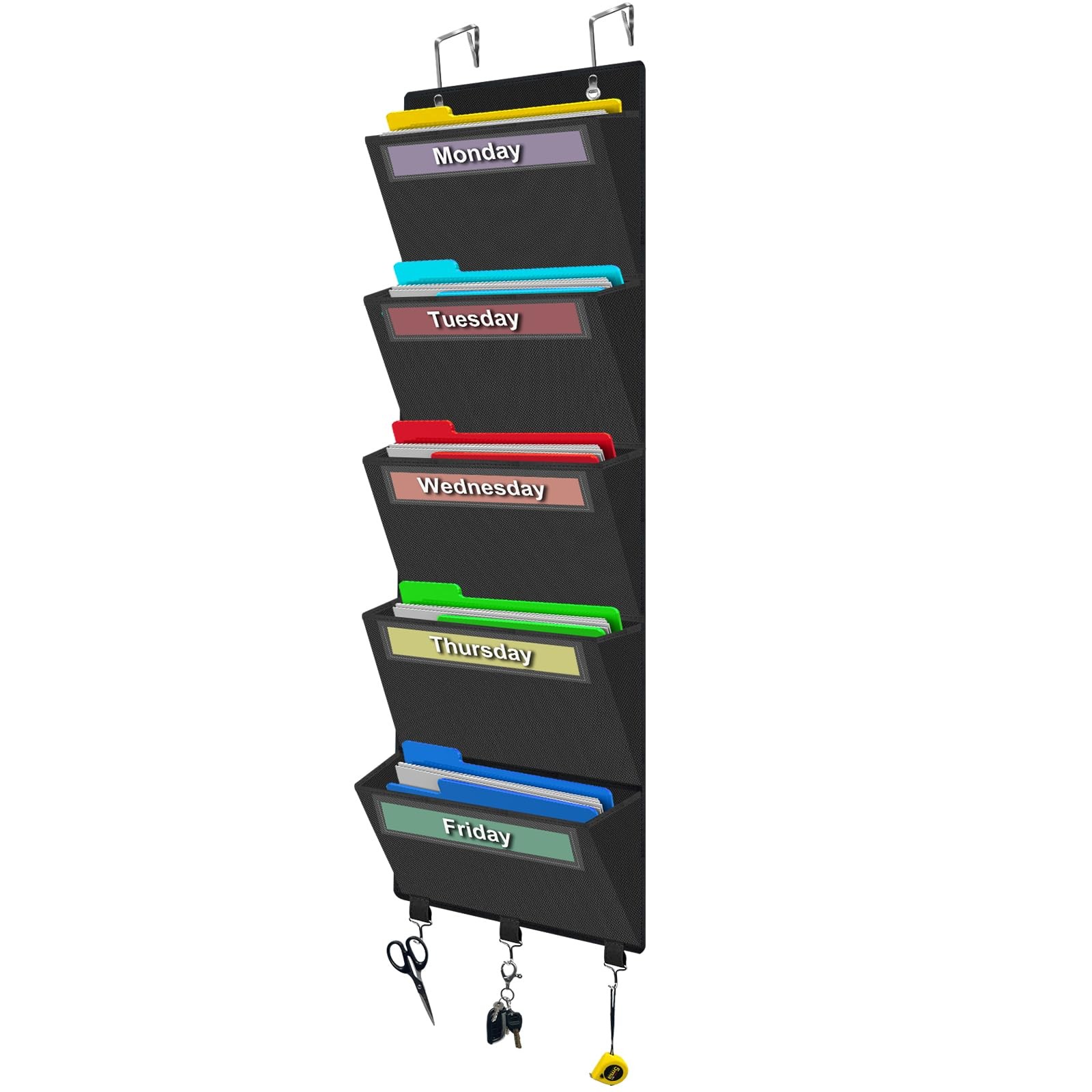Black Weekly 5 Large Pockets Over The Door Hanging Wall File Organizer Bag
