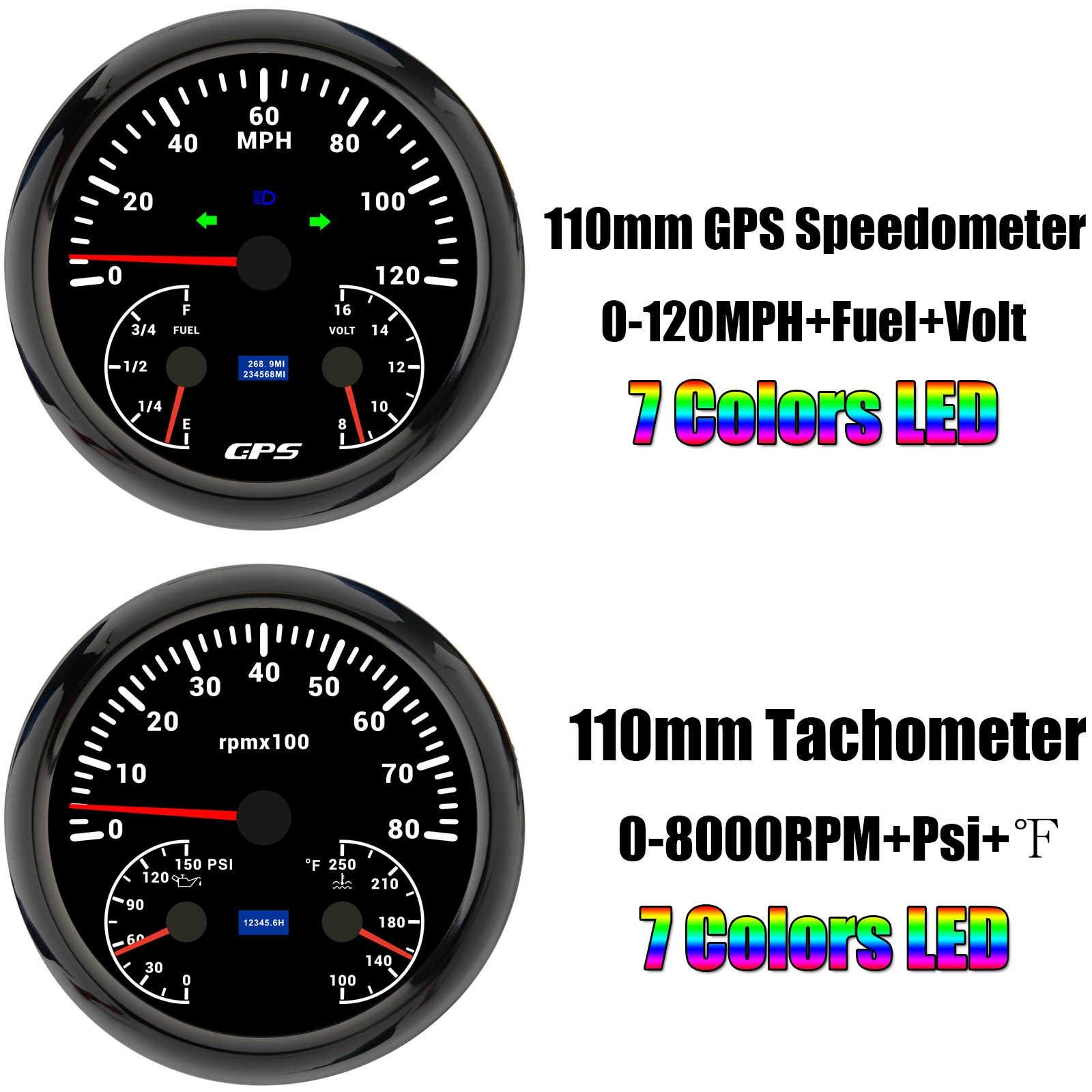 110mm 2 Gauge Set GPS Speedometer 0-120MPH/Fuel/Volt/Tachometer/Oil/Temp Gauge