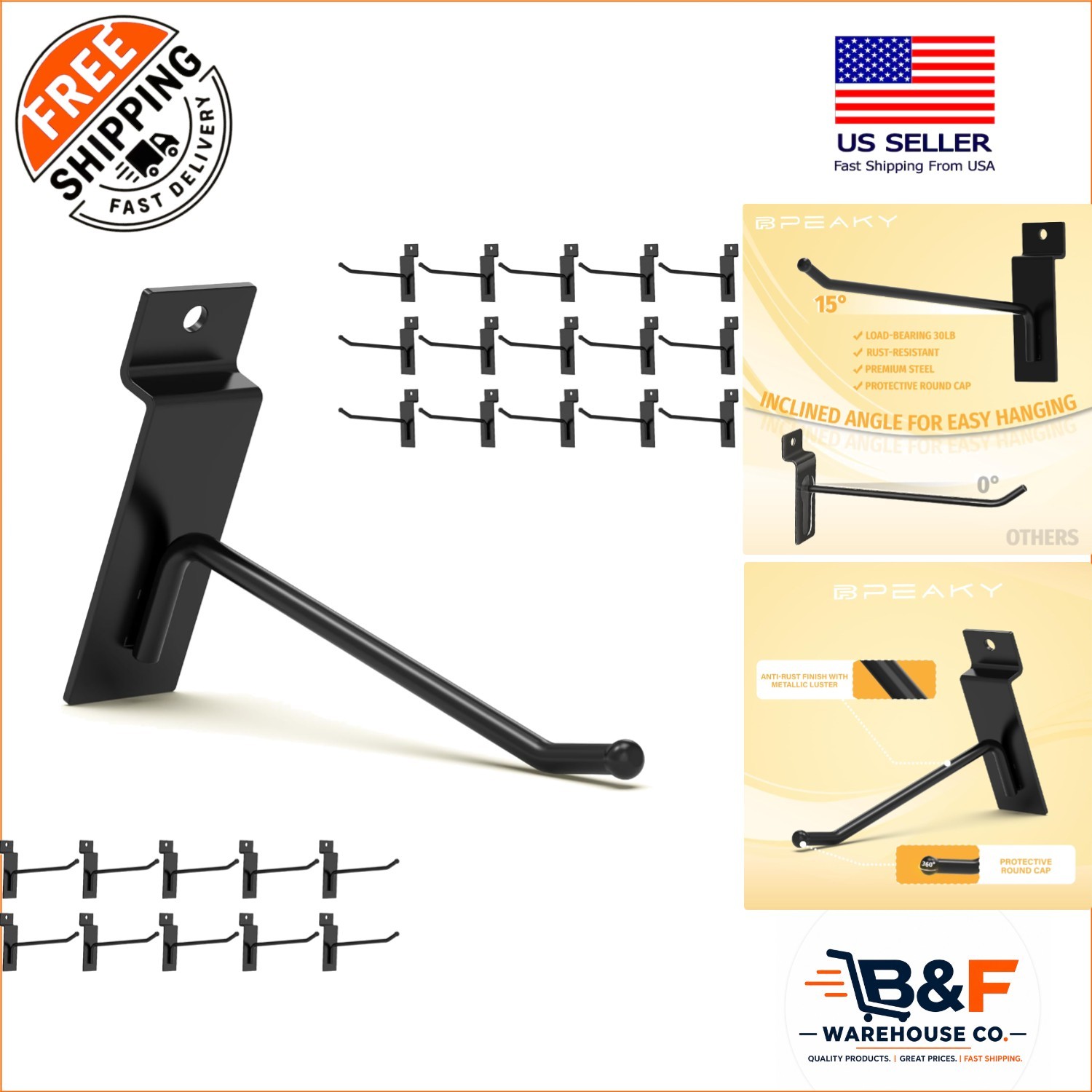 4 Inch Heavy-Duty Black Slatwall Hooks, 25PC | 30 lb Capacity for Chic Organi...
