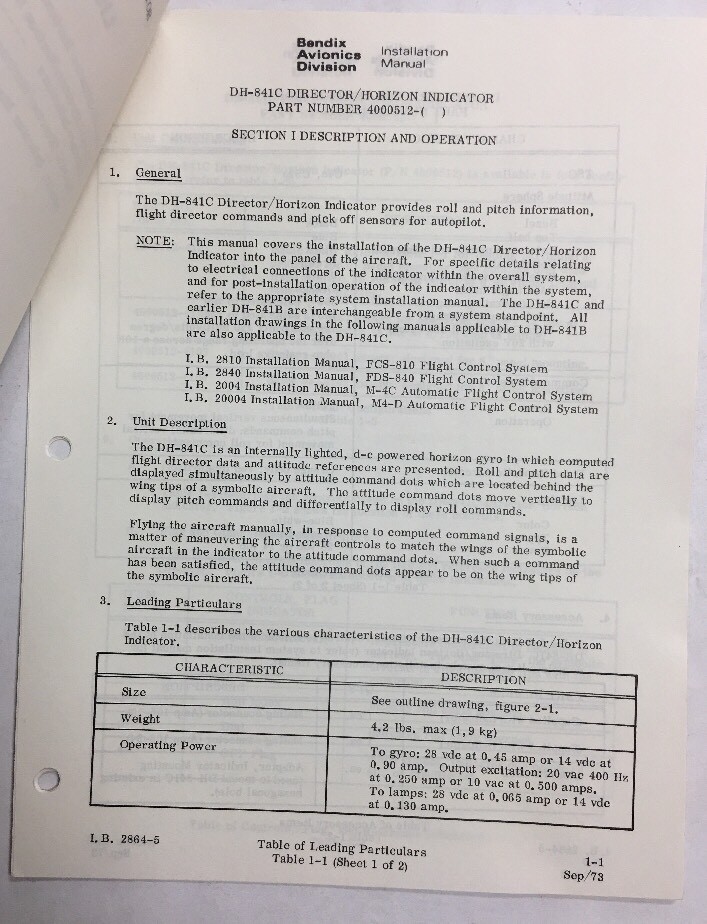 Bendix DH-841C Director Horizon Indicator Orginal Installation Manual