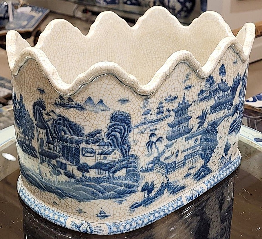 Blue, White Scalloped Rim Oval Porcelain Chinoiserie Planter.Hand Painted (12”L)