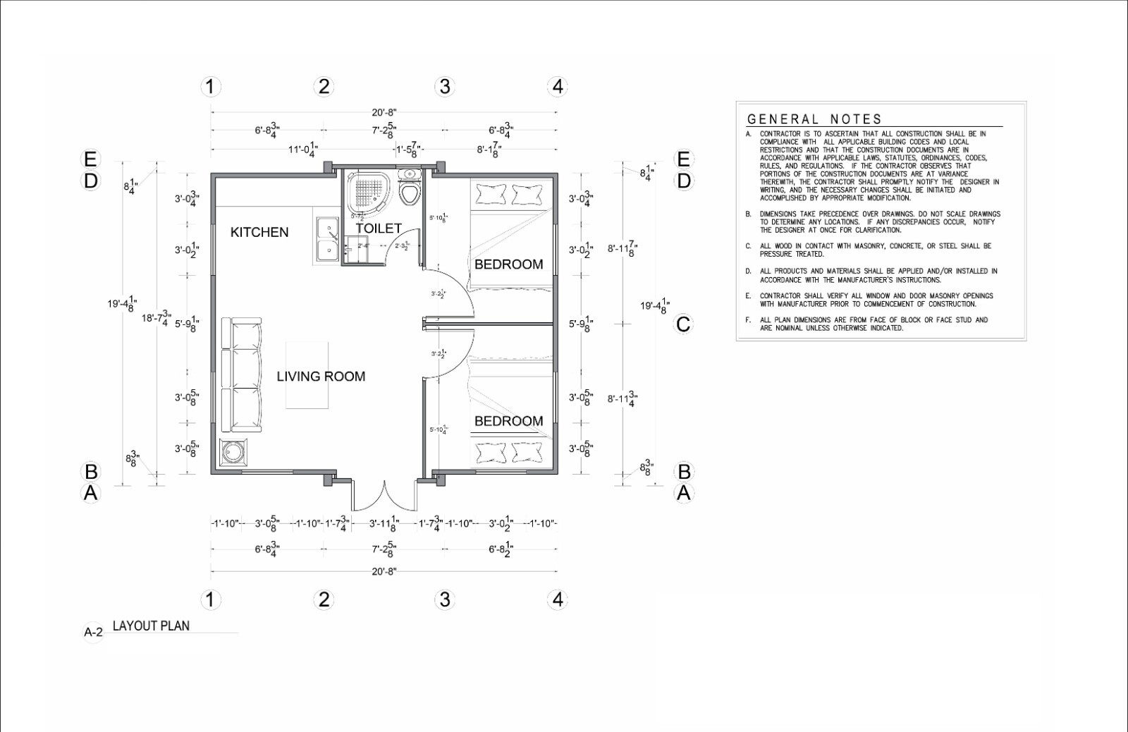 400sqft Tiny Home Plans with 2 Bedrooms - Architectural Plans