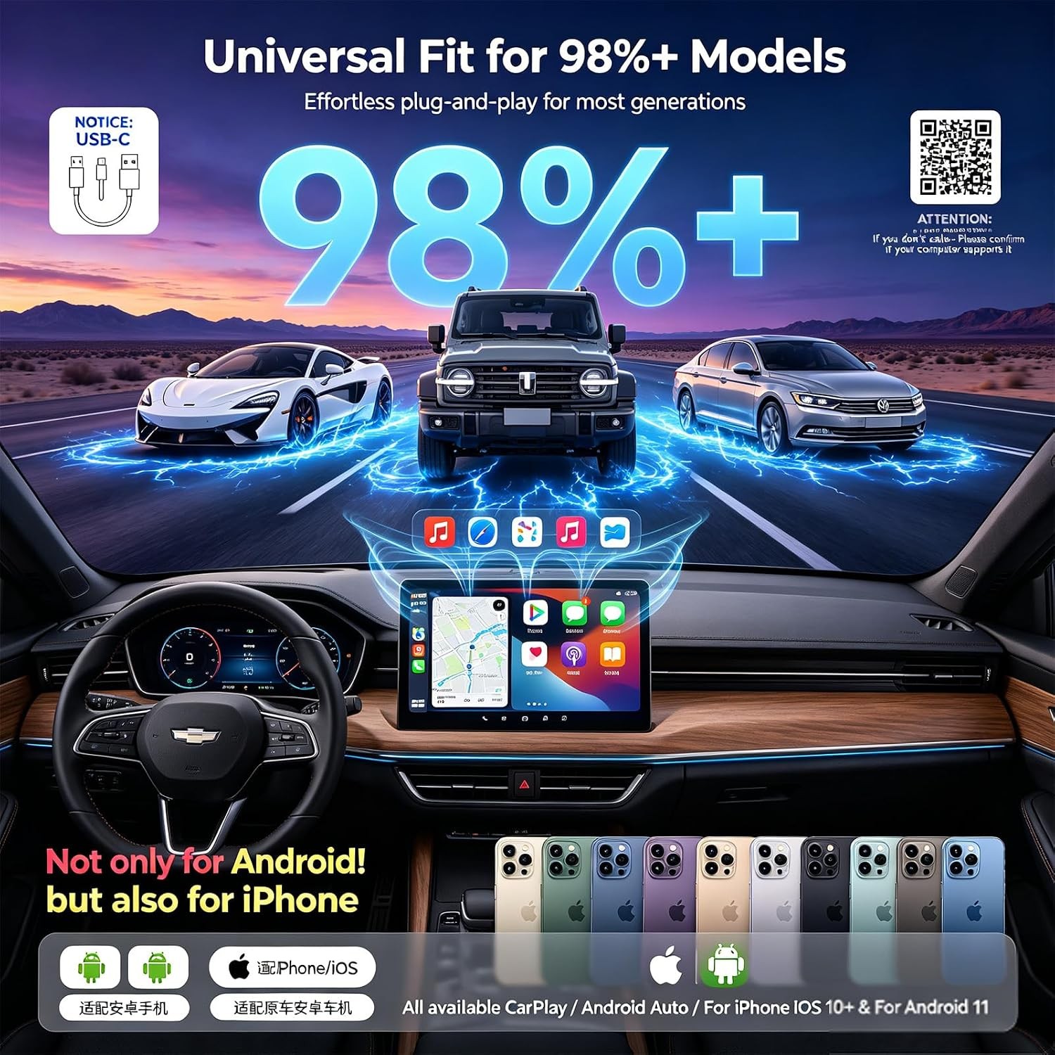 Wireless CarPlay Android Auto Adapter 2-in-1 Convert Wired to Wireless USB