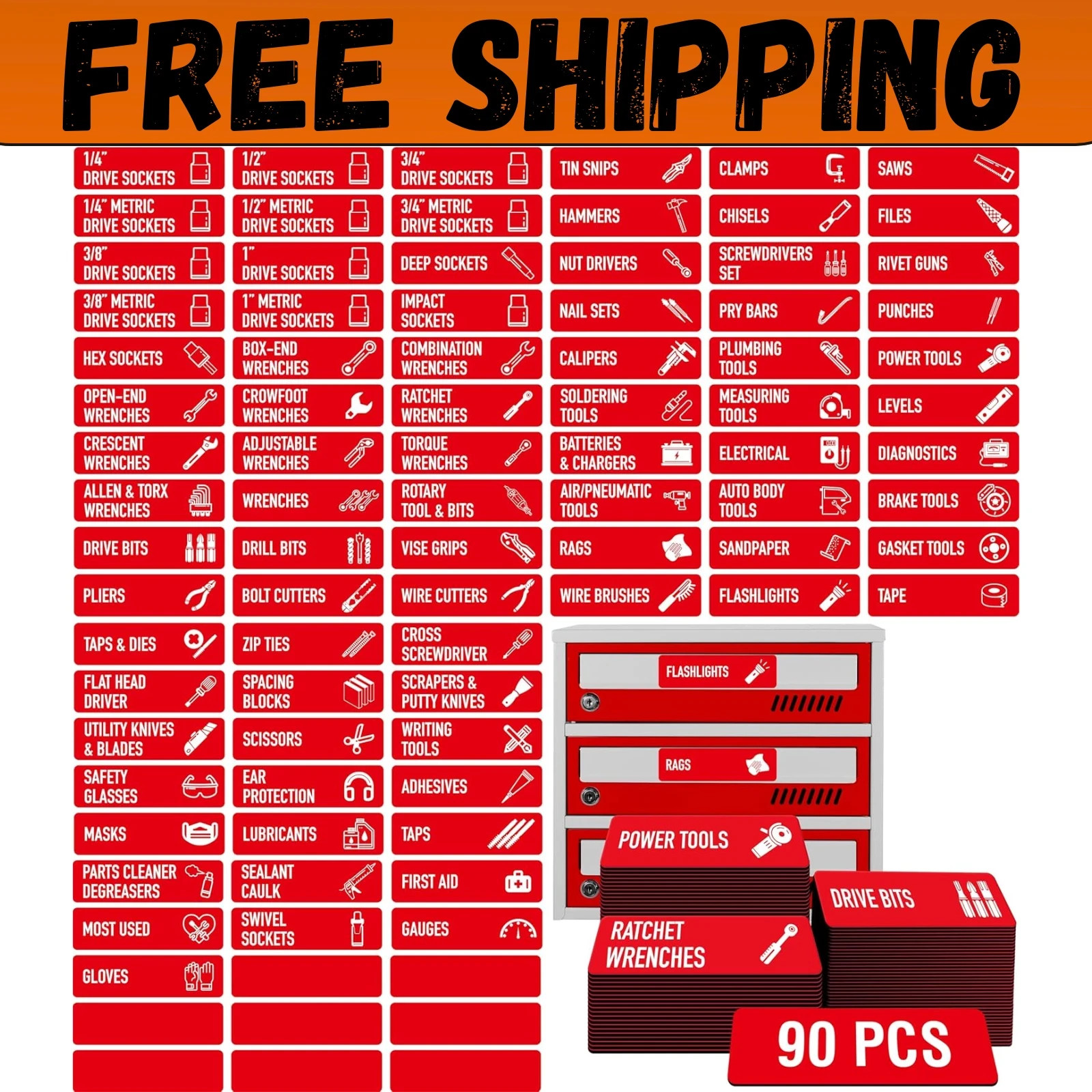 90 PCS Magnetic Toolbox Labels | Large, Easy-Read Tool Chest Drawer Organizers