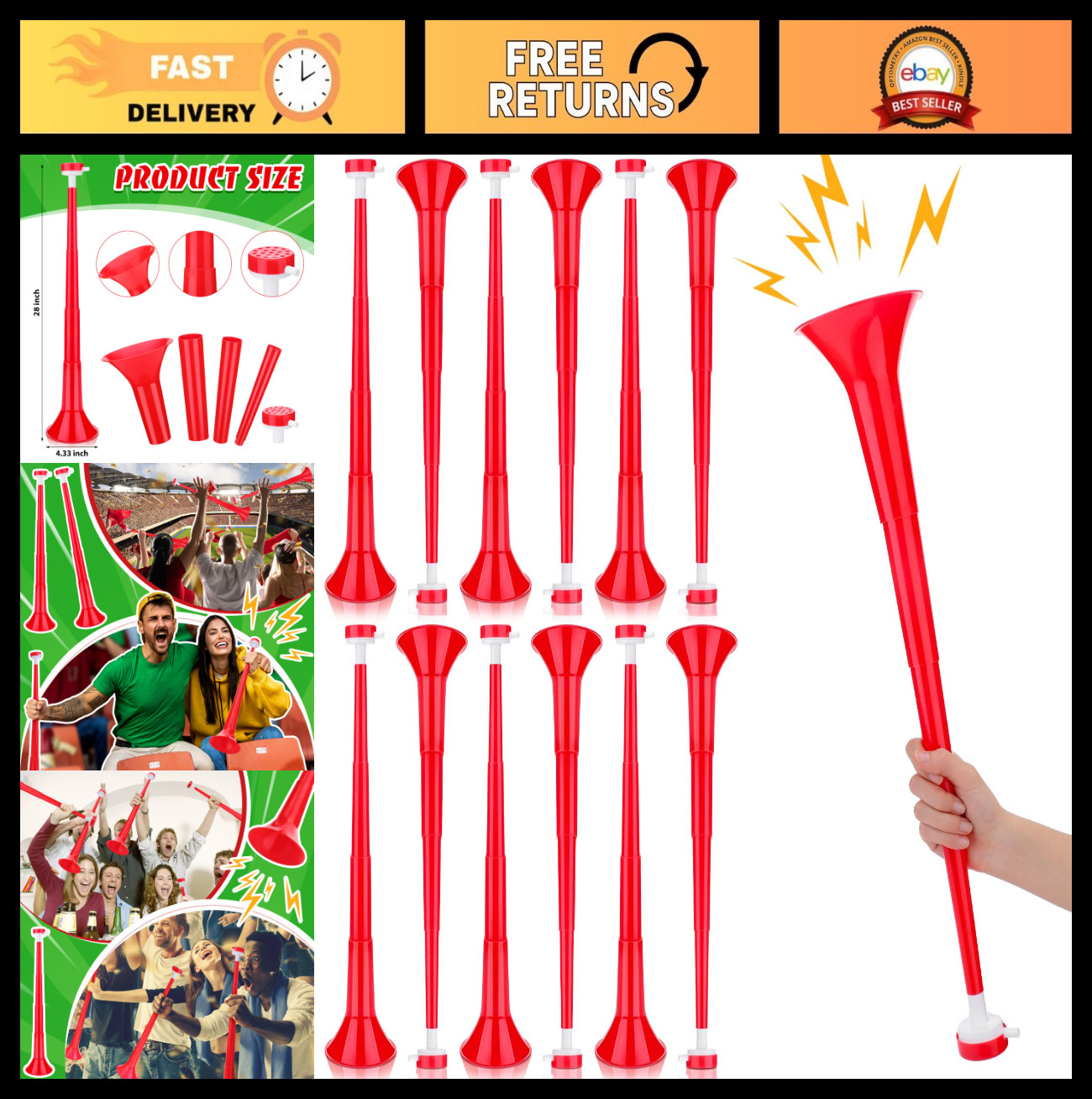 12 Pcs Vuvuzelas 28" Collapsible Sports Horns - Loud Noise Maker for Soccer, Foo