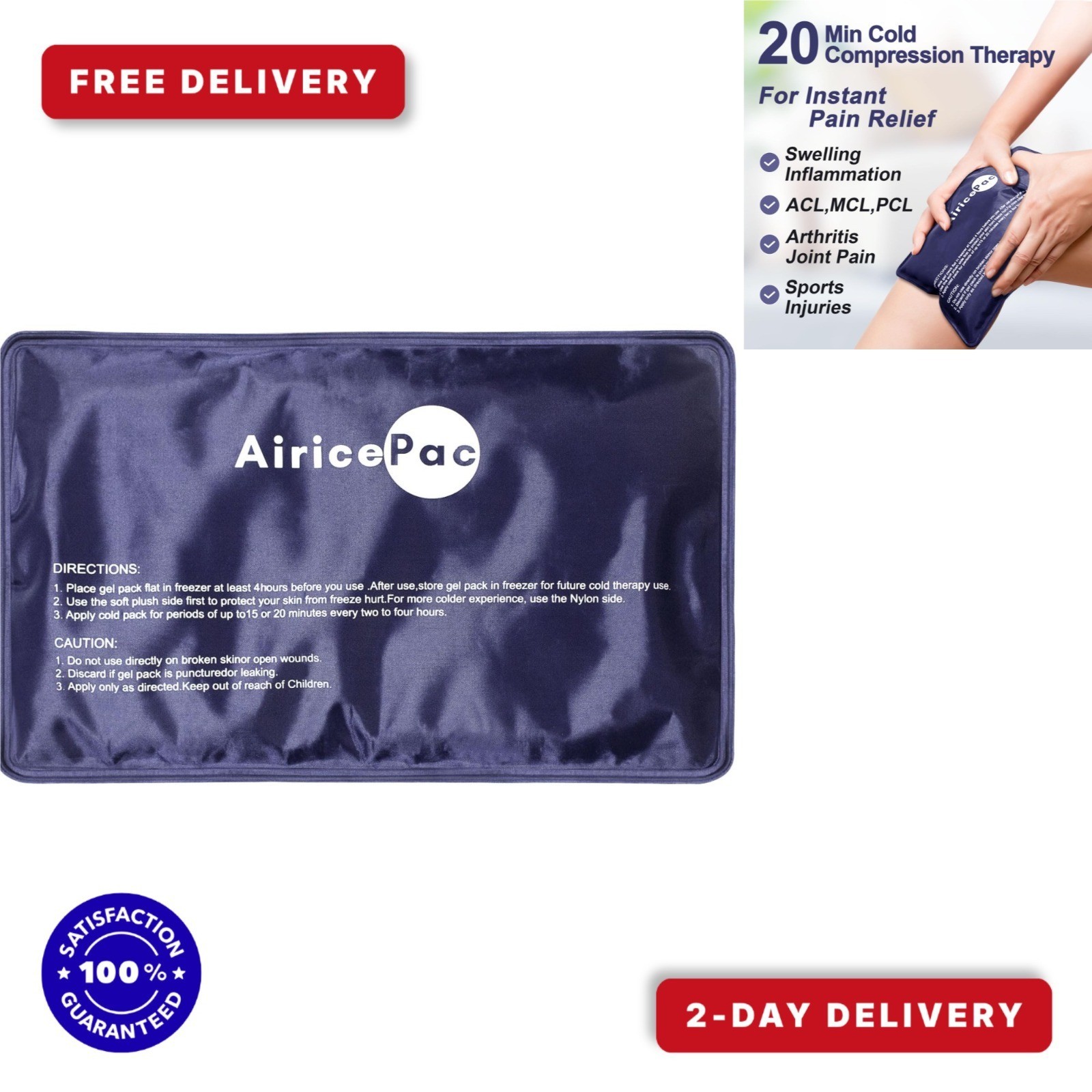 AiricePac Reusable Gel Cold Pack for Pain Relief, 7"x11", Blue
