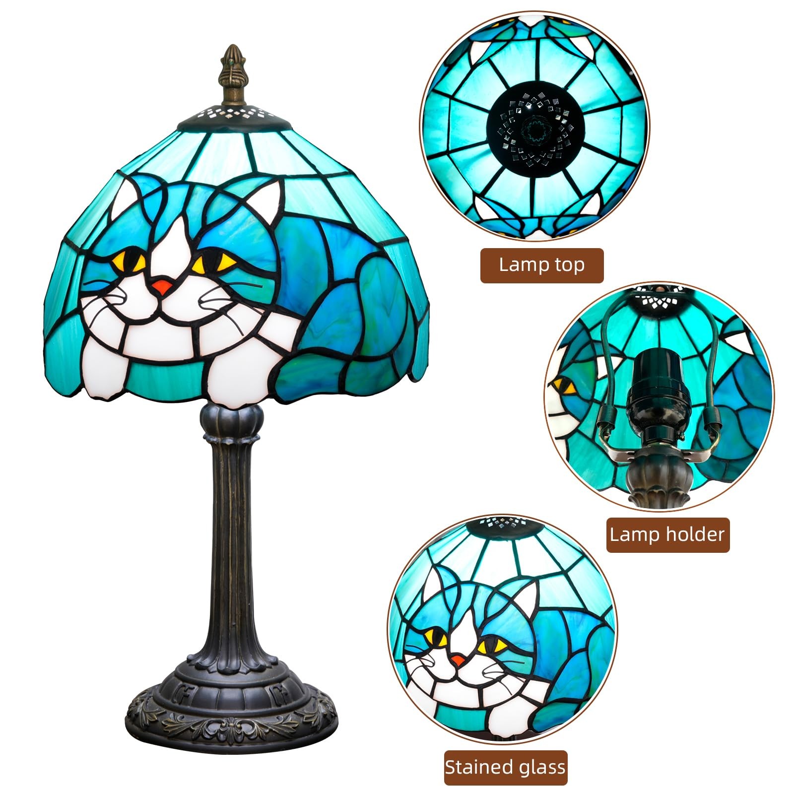 Tiffany Lamp Stained Glass Table Lamp 8X8X14 Inches Cat Style Living Room Bed...