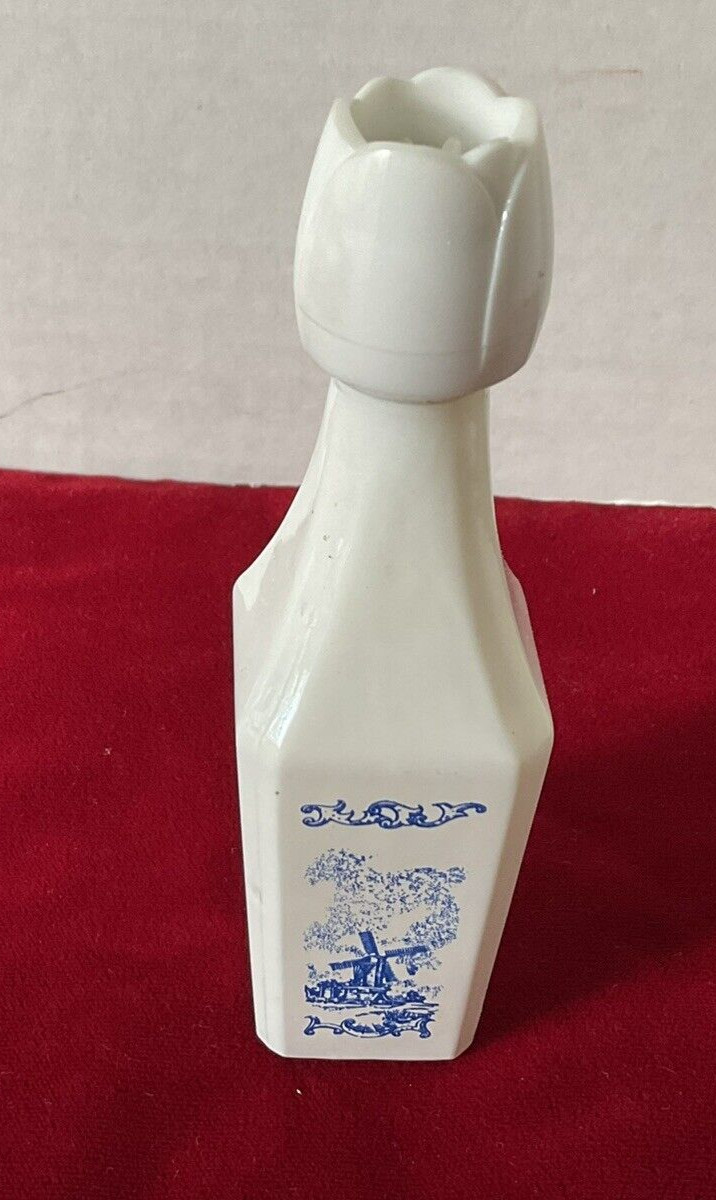 Vandermint Dutch Windmill Blue White Milk Glass Empty Liquor Bottle Tulip Cap