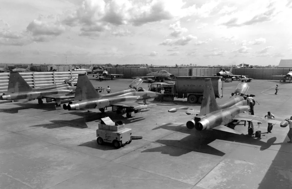 B&W Photo  US Air Force F-5 Freedom Fighters in Revetments  Vietnam War  /5217