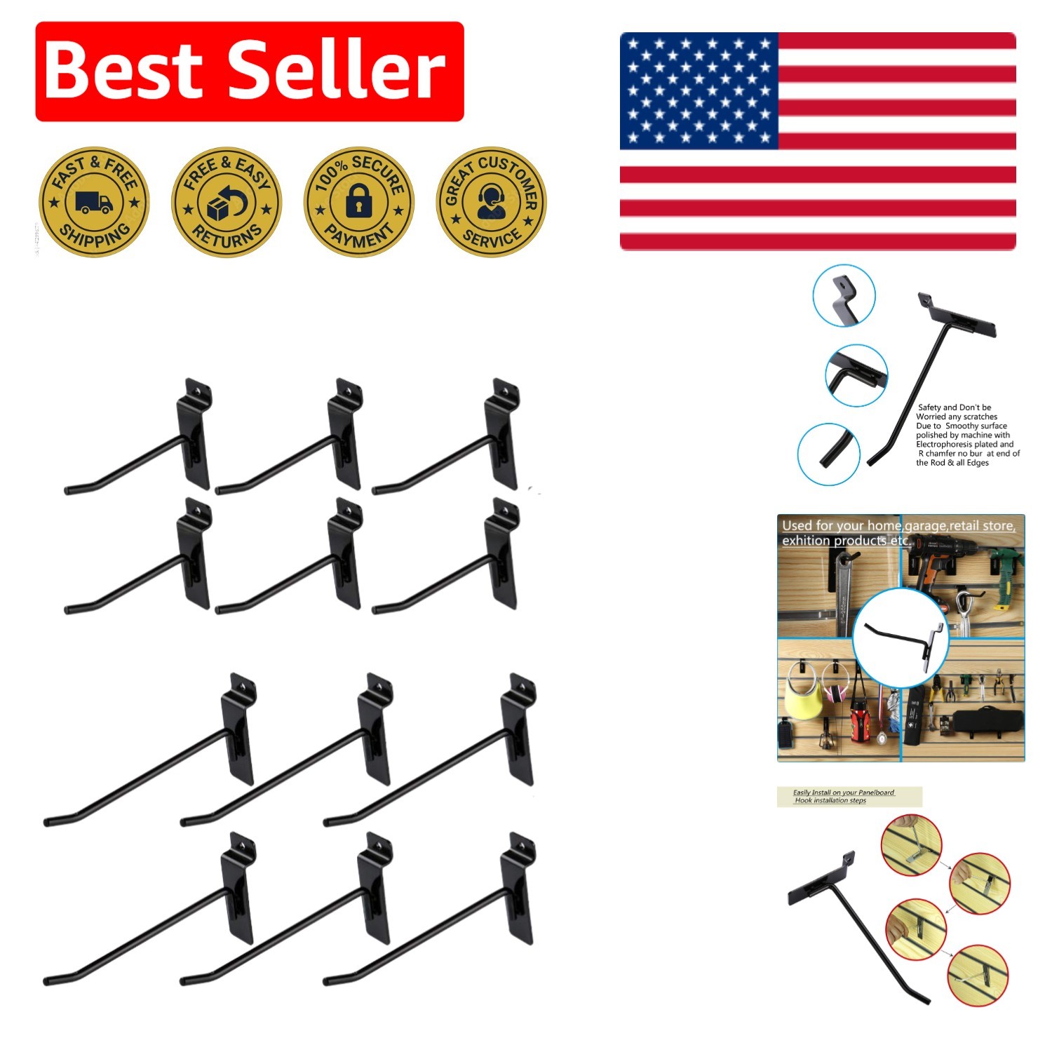 Slatwall Accessories: Box of 12 Black Metal Slatwall Hooks, Six 4 Inch and Si...