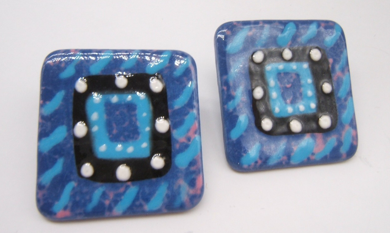 VTG BLUE GLAZED CERAMIC PIERCED EARRINGS MODERN DESIGN