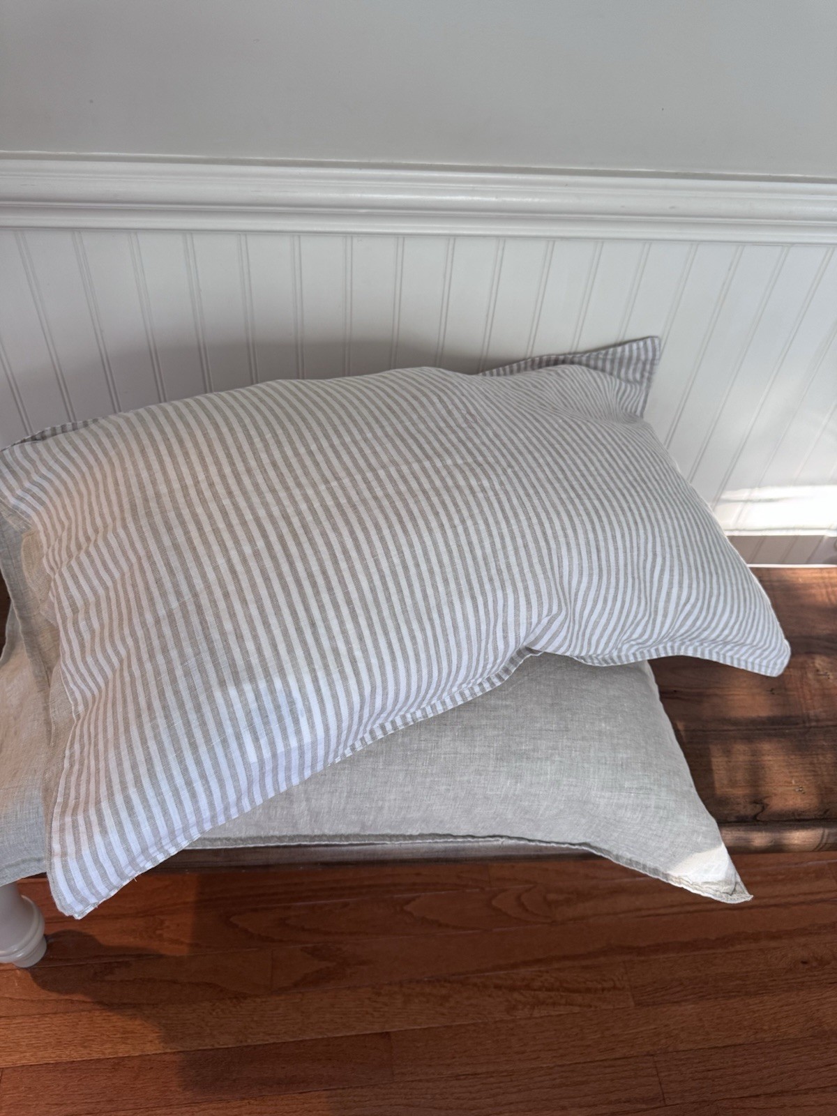 Queen 100% French linen Pillowcases ( Set Of 2) Natural Linen Reversible Stripe
