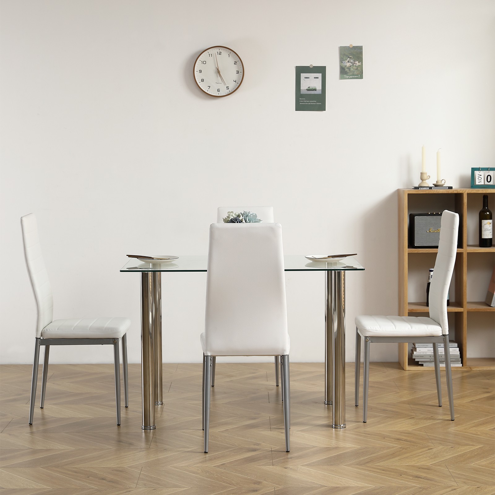 5pcs/set Dining Table Set Kitchen Tempered Glass Dining Table + 4 Chairs White
