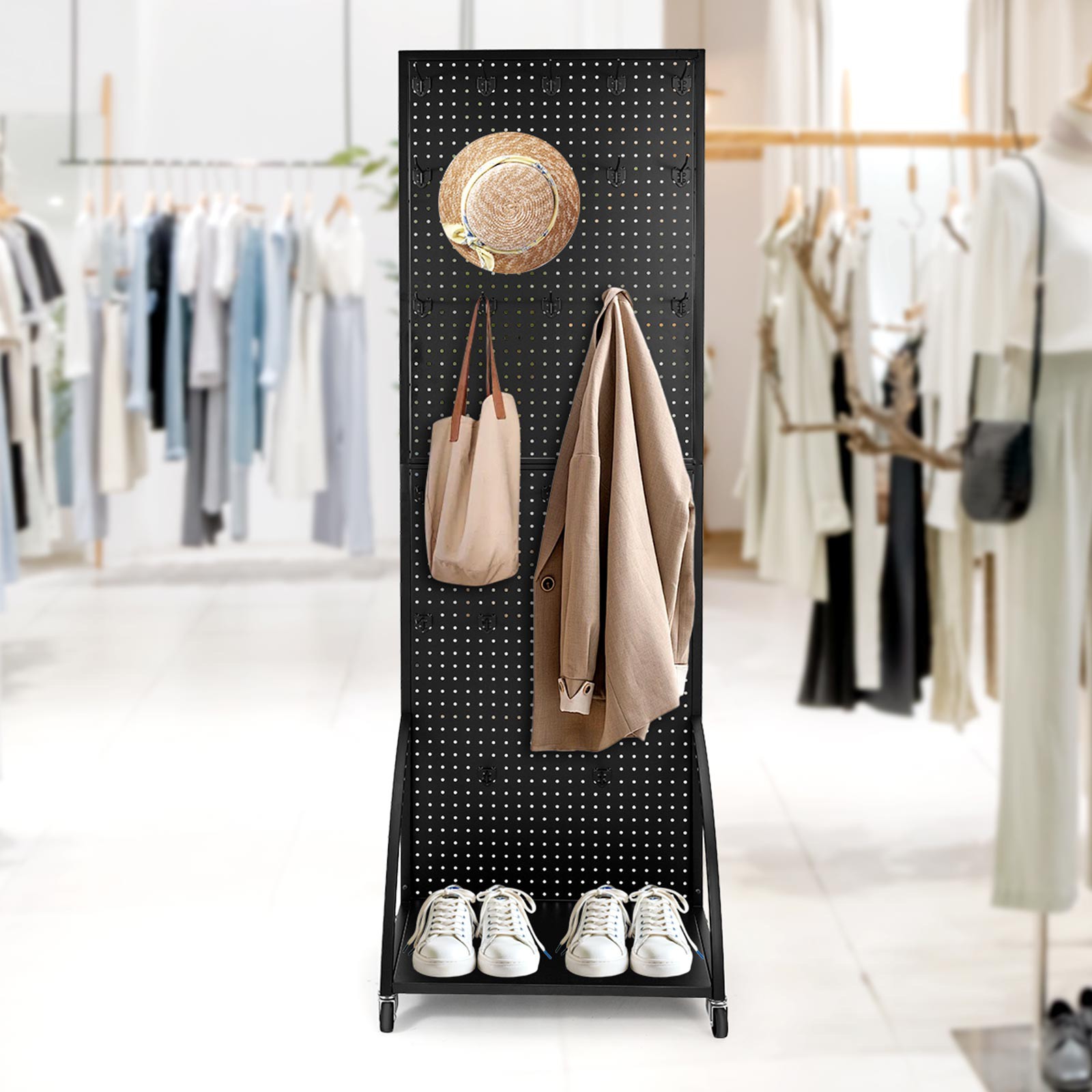 Uimoso Black Pegboard Stand with 30 Hooks and Display Panel