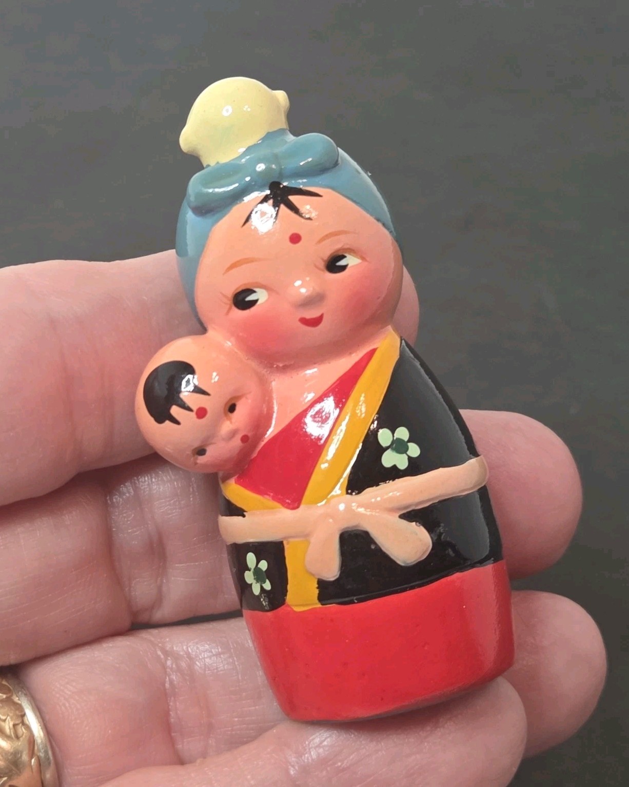 Vtg Asian Woman Figural Pencil Sharpener Baby Wood Hand Painted 2.5" READ