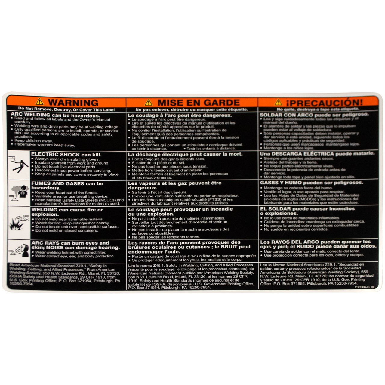 Miller 230366 Label Warning General Precautionary Static