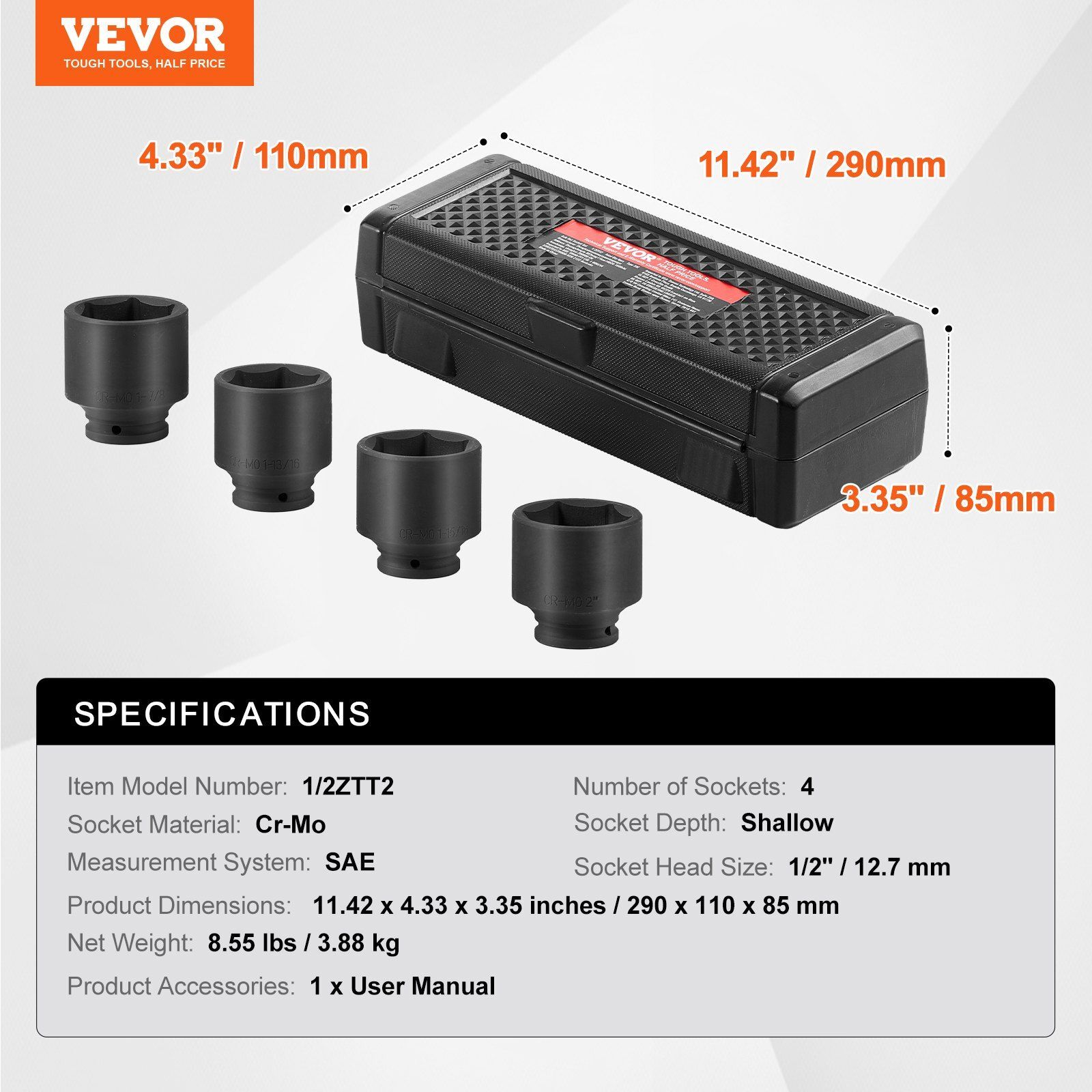 Axle Nut Impact Socket Set 1/2" Drive 6-Point 4PCS SAE Spindle Nut Socket