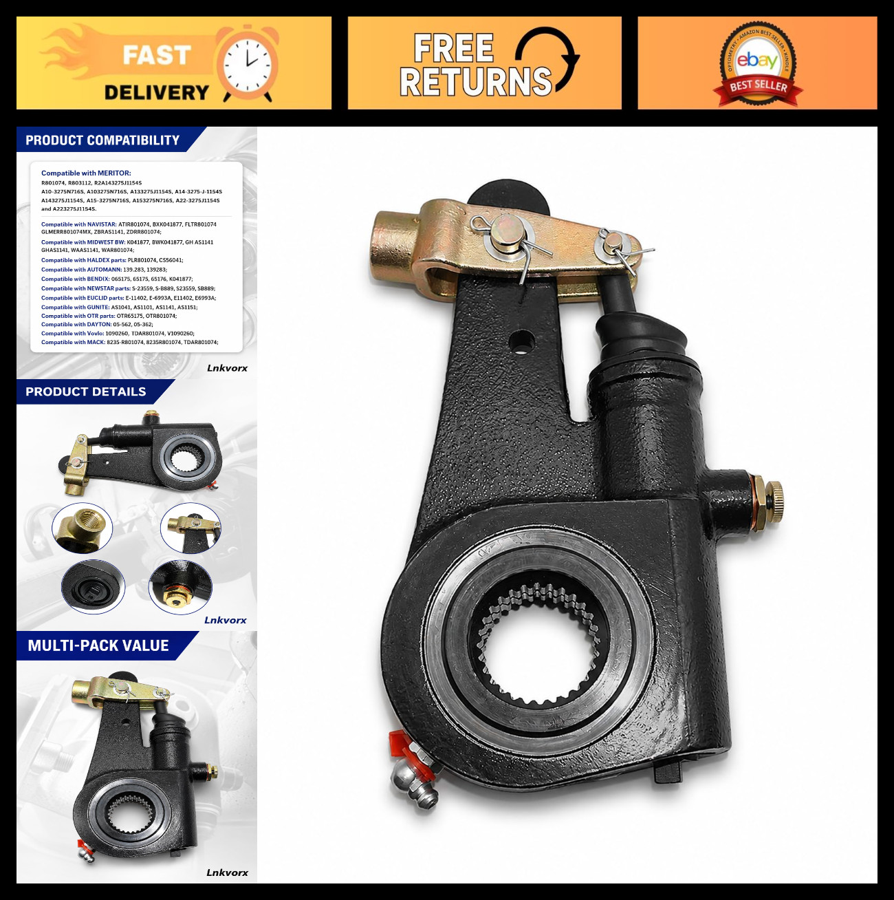 Automatic Slack Adjuster 1.5" 28 Spline 6" Arm Clevis for Truck Trailer Brakes