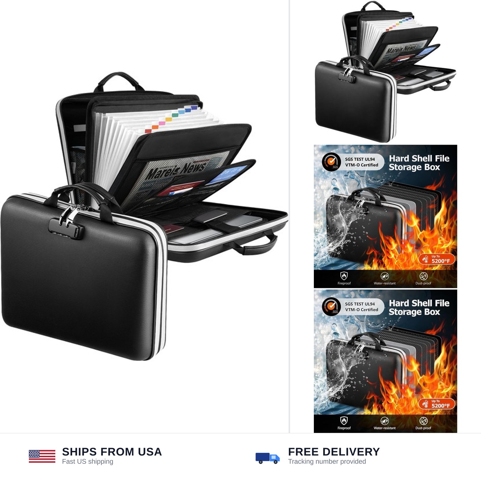 Dadanism 5200℉ Fireproof File Organizer with Combination Lock, Hard Shell Mul...