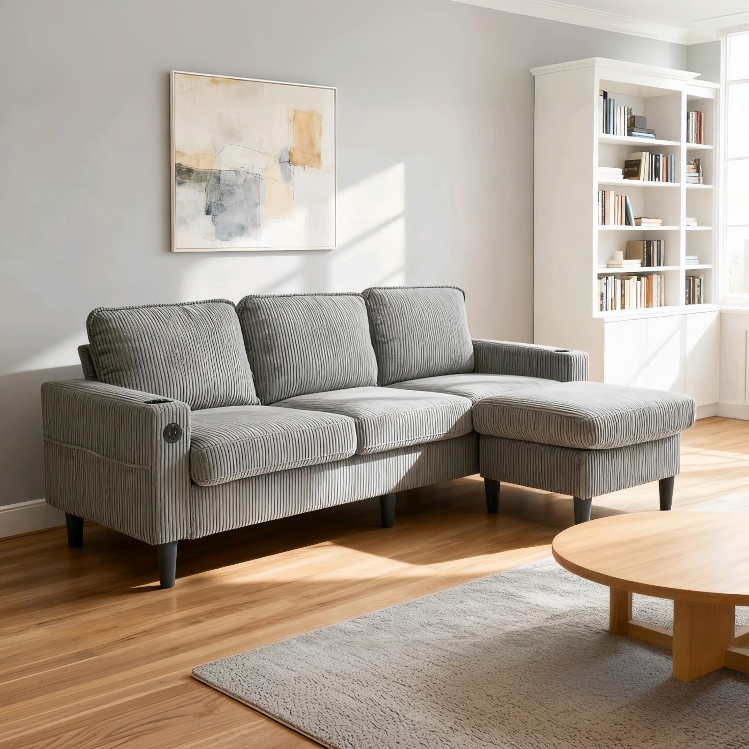 L-Shaped Sectional 3-Seat Sofa w/ Storage Ottoman and USB Port and Cup Holders