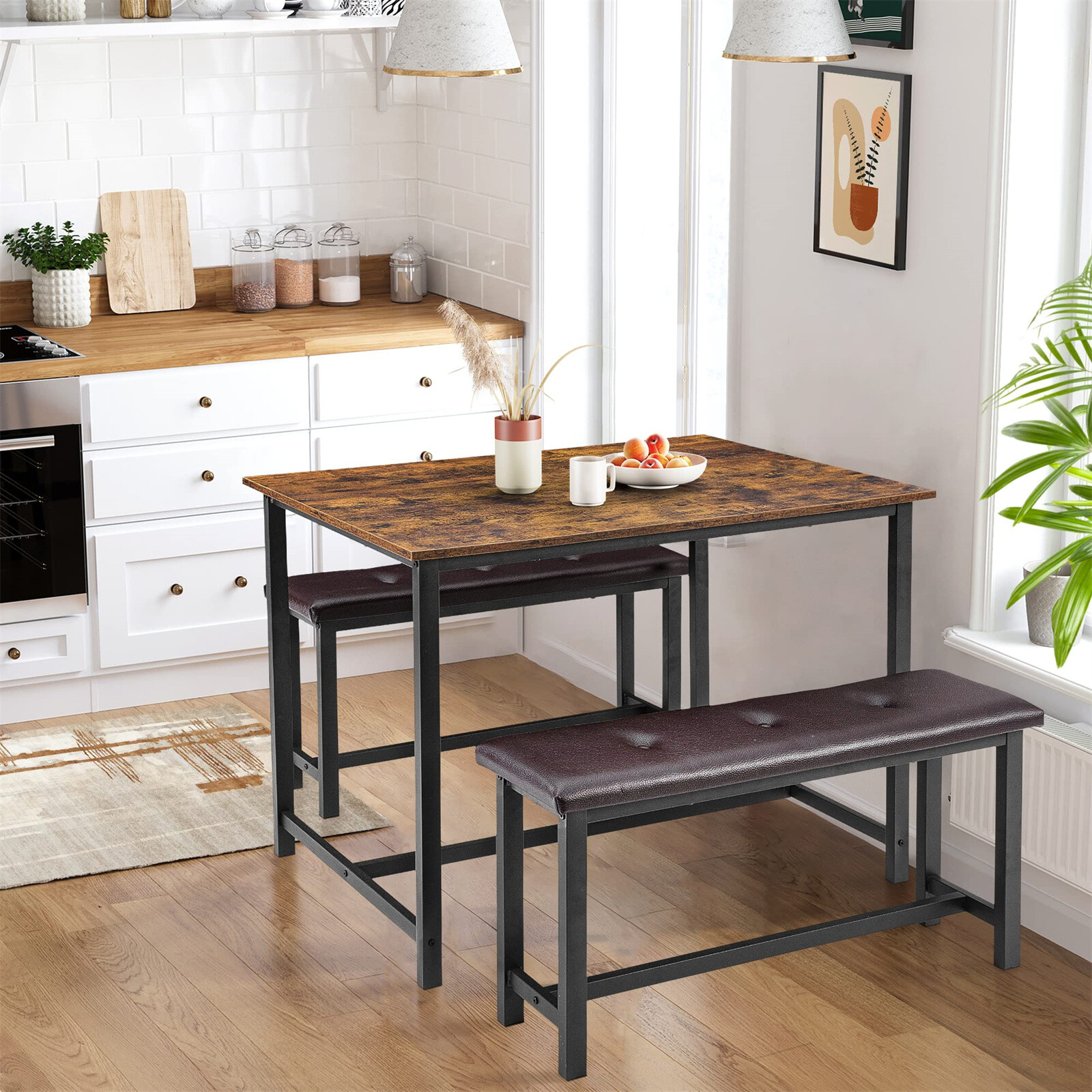 3 Piece Dining Table Set for 4 Kitchen Table W/2 Benches Dining Room Table Set