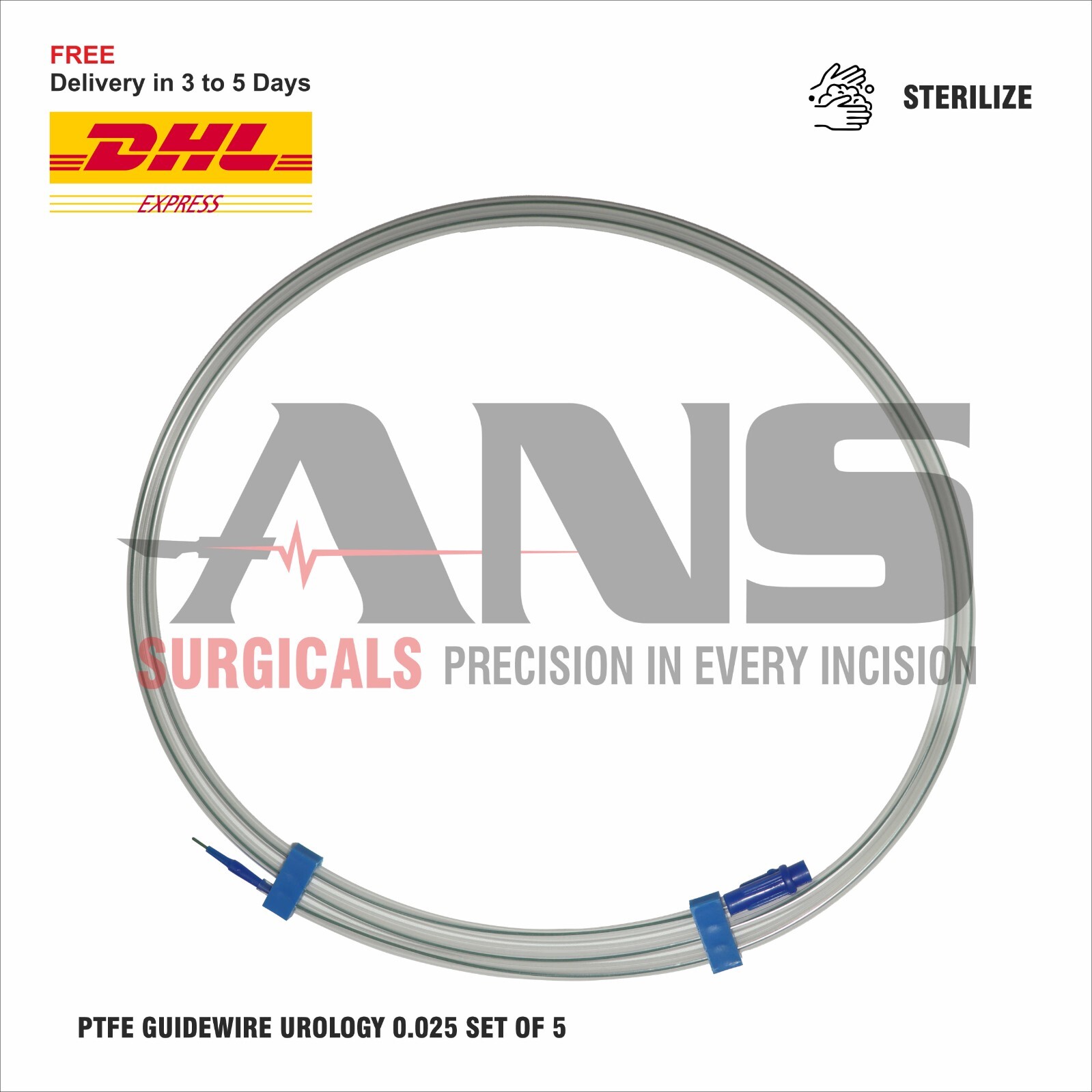 ANS PTFE Guidewire Urology 0.025 Set of 5